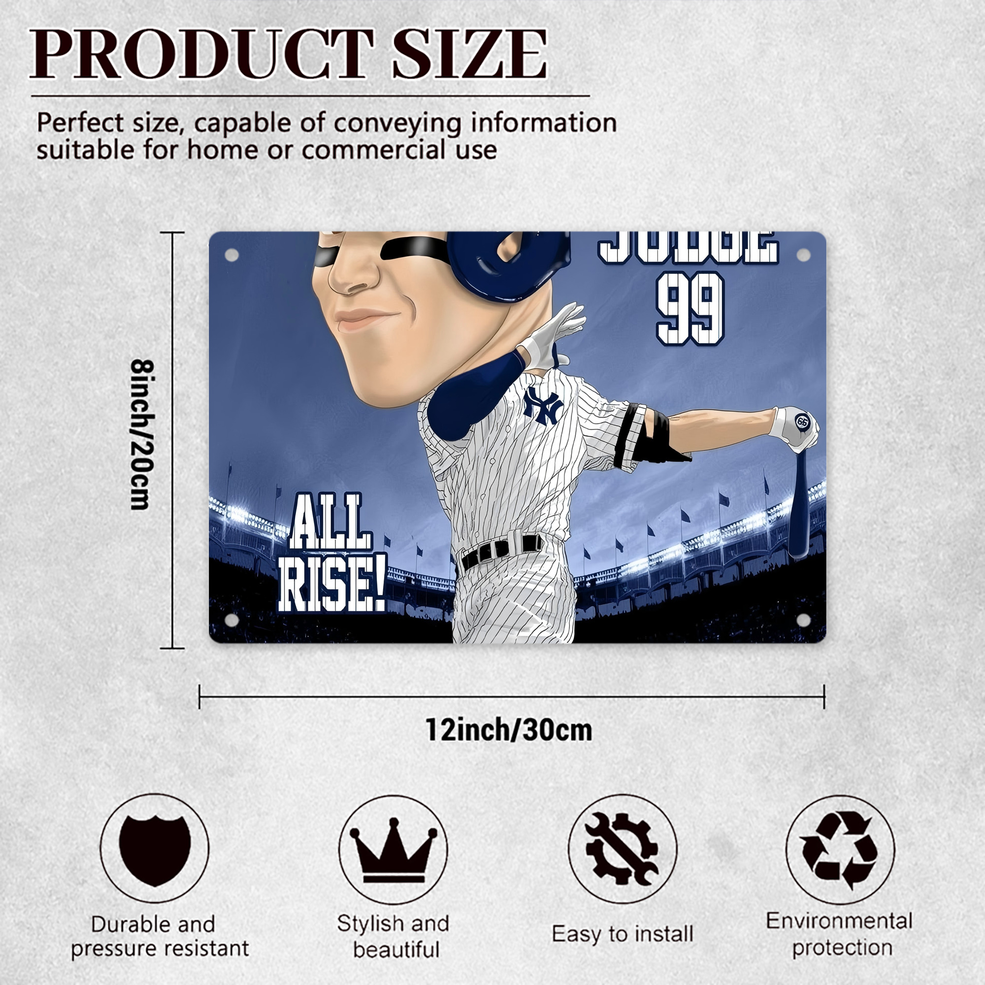Aaron Judge 99 All Rise Cartoon Decorative Aluminum Plaque – Horizontal Design – Durable, Stylish, Easy To Install – Ideal For Home, Office, Bar, And More