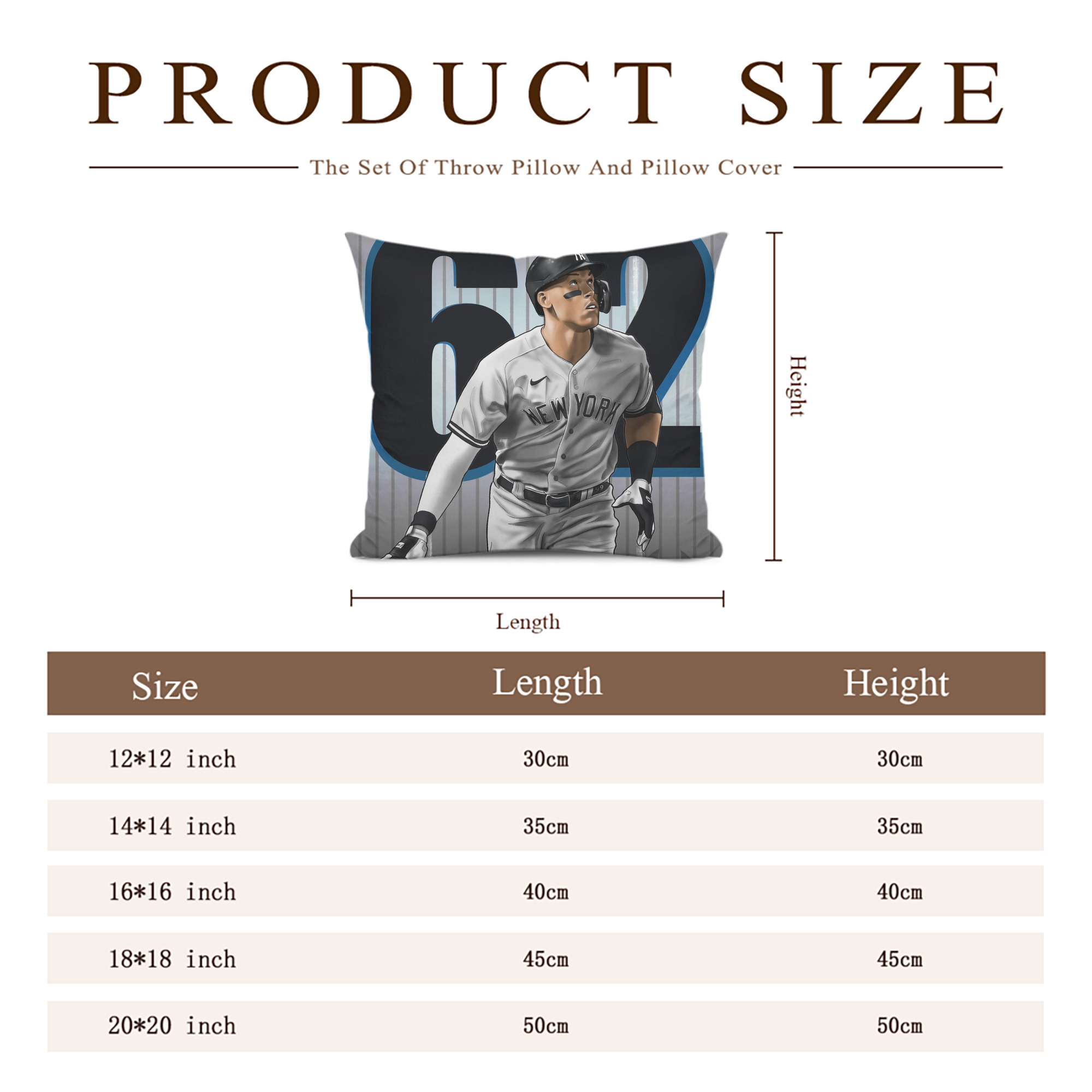 Aaron Judge 62 Home Runs Soft Polyester Pillow Cover With Insert – Double-Sided Design, Invisible Zipper, Durable & Breathable – Easy Care Cushion Set