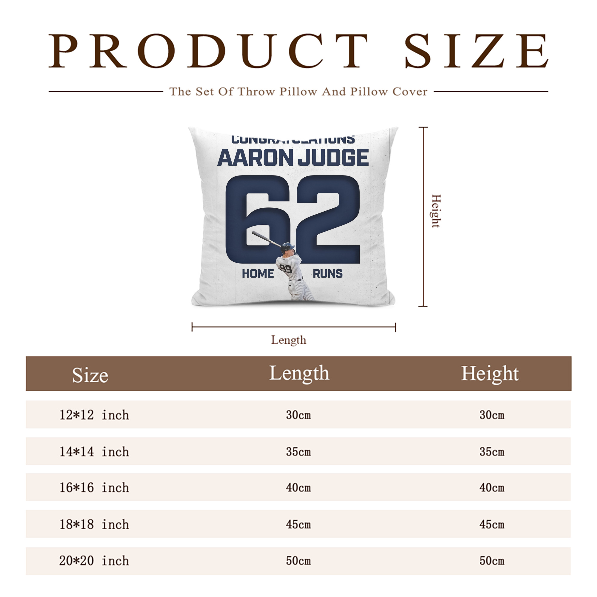 Aaron Judge 62 Home Runs Soft Polyester Pillow Cover With Insert – Double-Sided Design, Invisible Zipper, Durable & Breathable – Easy Care Cushion Set