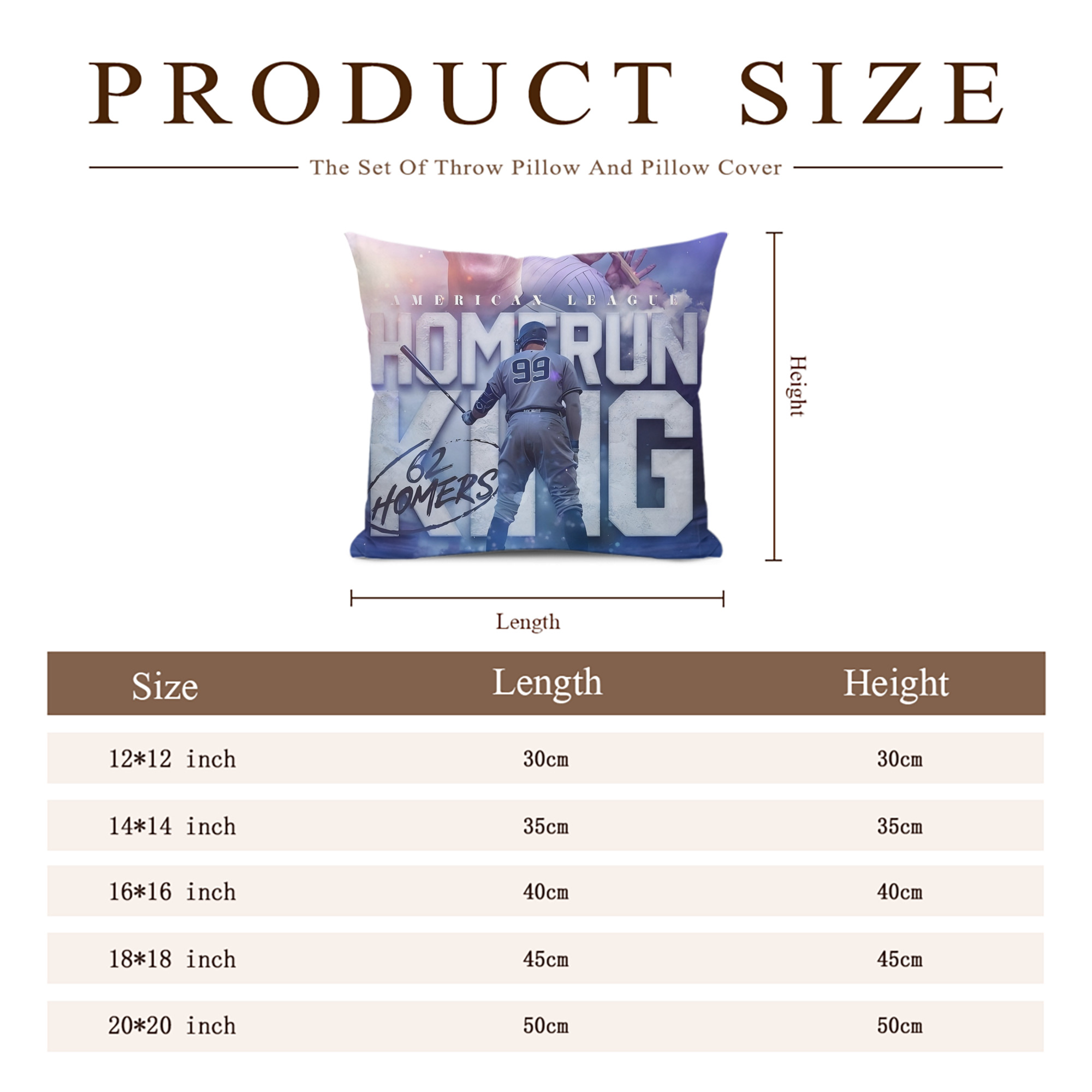 Aaron Judge 62 Home Runs Soft Polyester Pillow Cover With Insert – Double-Sided Design, Invisible Zipper, Durable & Breathable – Easy Care Cushion Set