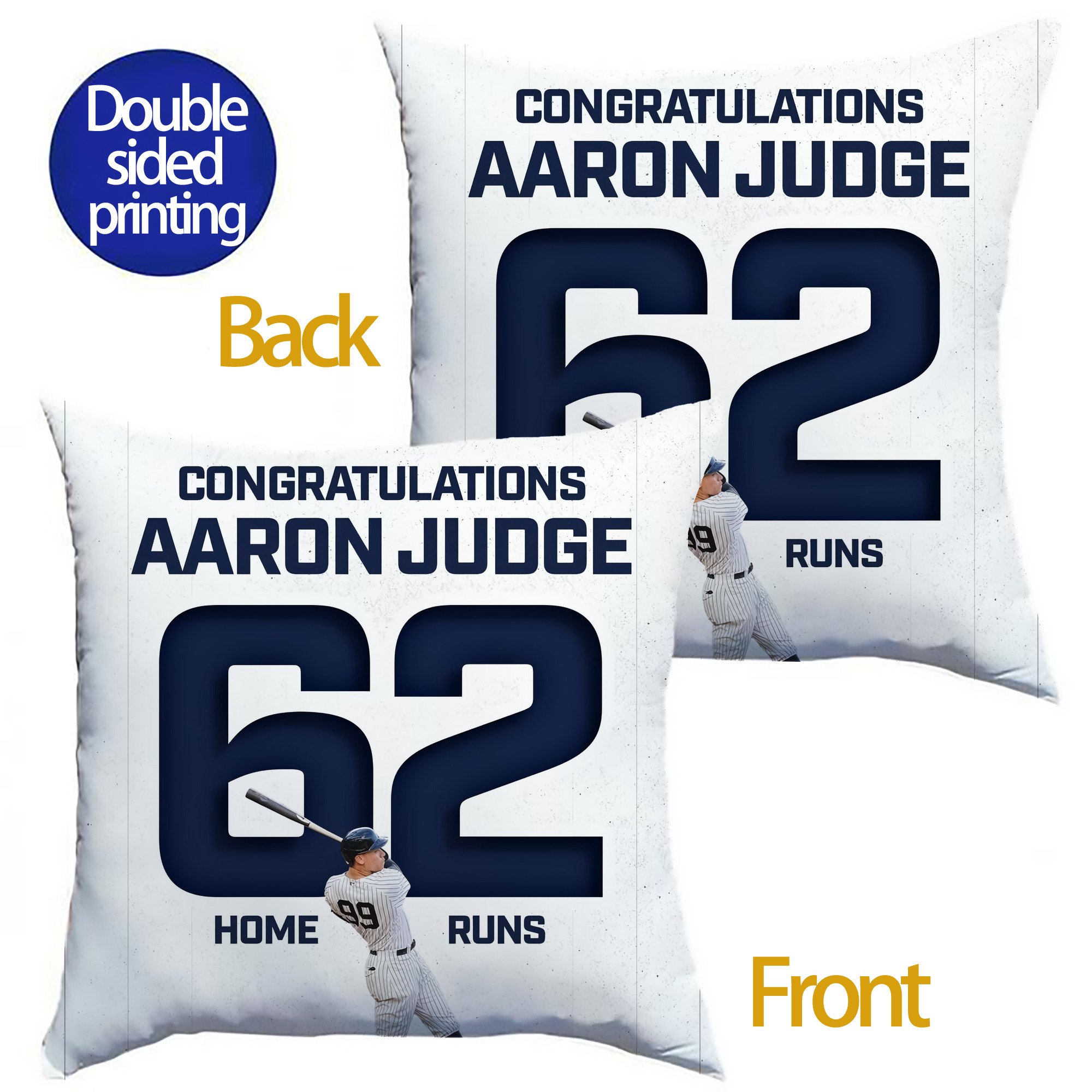 Aaron Judge 62 Home Runs Soft Polyester Pillow Cover With Insert – Double-Sided Design, Invisible Zipper, Durable & Breathable – Easy Care Cushion Set