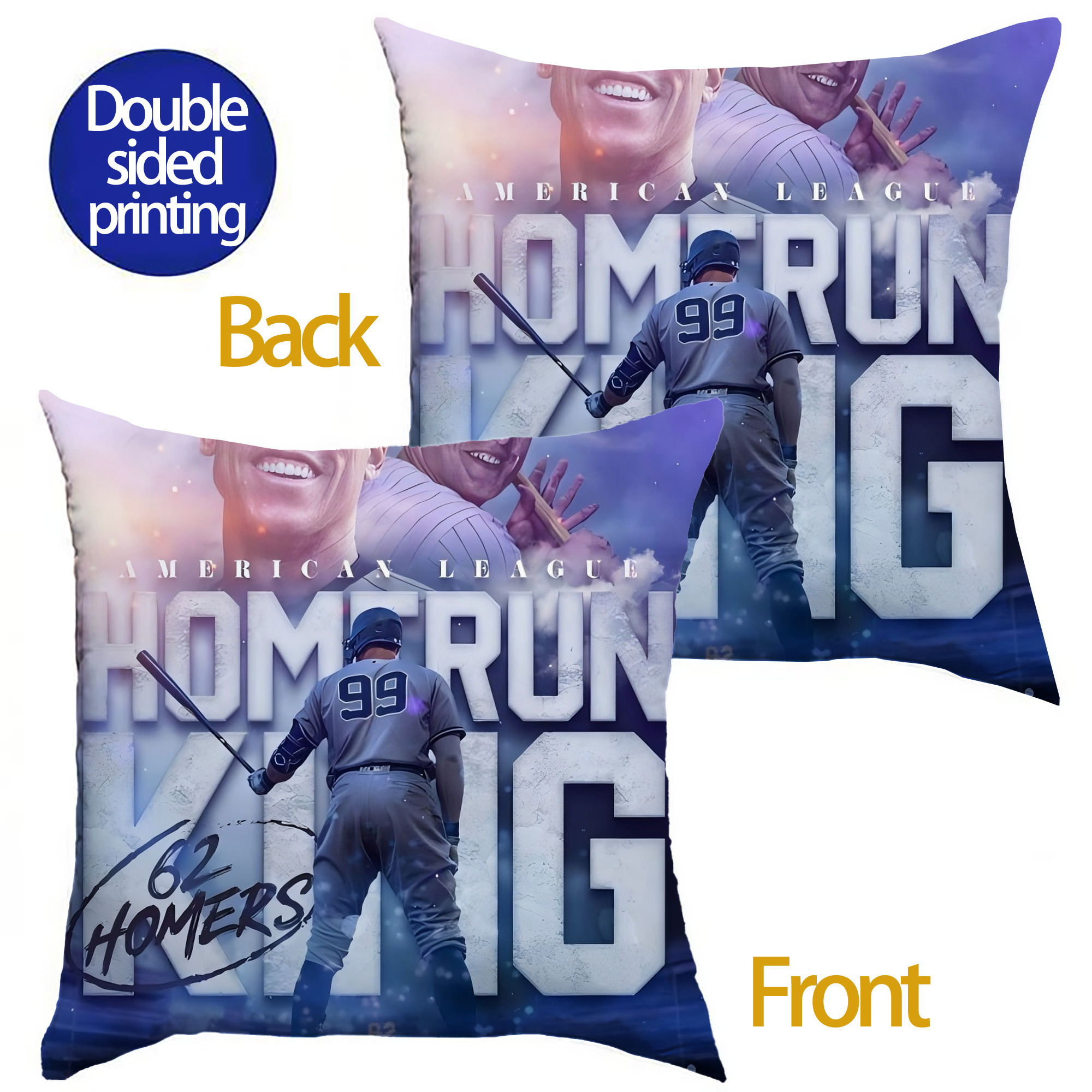 Aaron Judge 62 Home Runs Soft Polyester Pillow Cover With Insert – Double-Sided Design, Invisible Zipper, Durable & Breathable – Easy Care Cushion Set