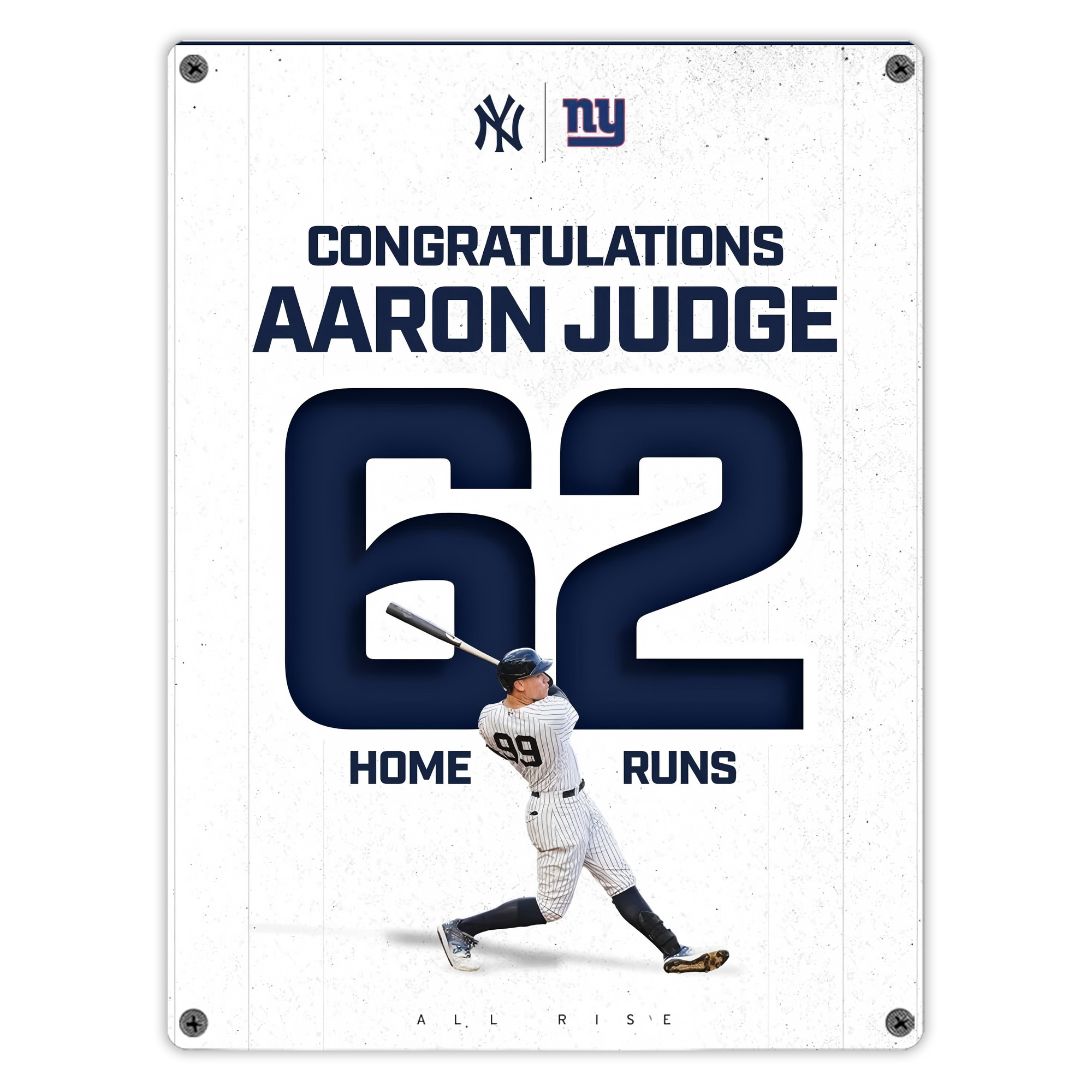 Aaron Judge 62 Home Runs Vintage Metal Tin Sign 12x16inch – Retro Wall Art Decor For Home, Bar, Kitchen, Bedroom, Office – Durable Iron Sheet Poster, Easy To Hang, Full-Color Printing