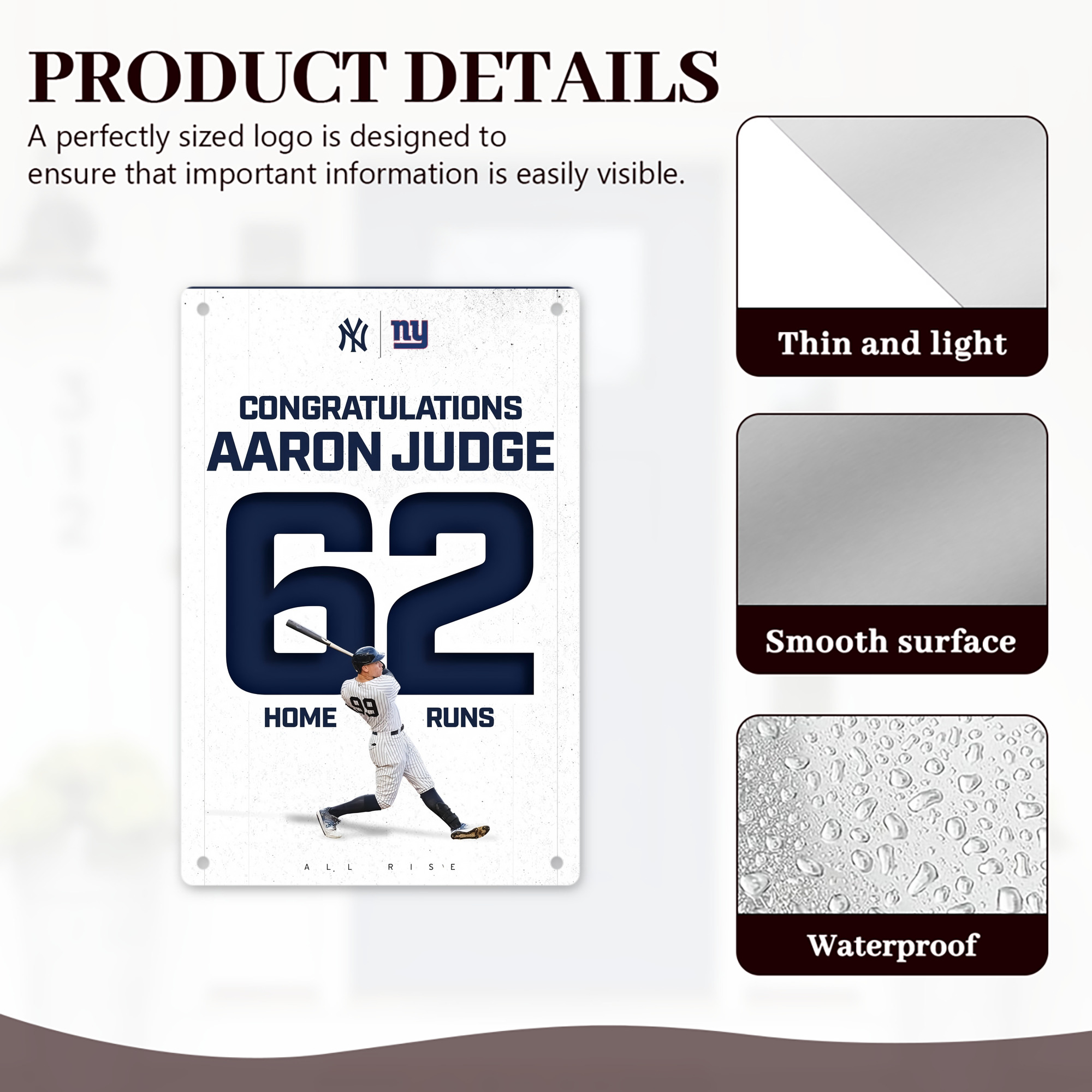 Aaron Judge 62 Home Runs 8x12inch Vertical Aluminum Sign - Durable Fade-Resistant Indoor/Outdoor Safety & Information Plaque For Office, Hotel, Restaurant, Bar, Public Spaces
