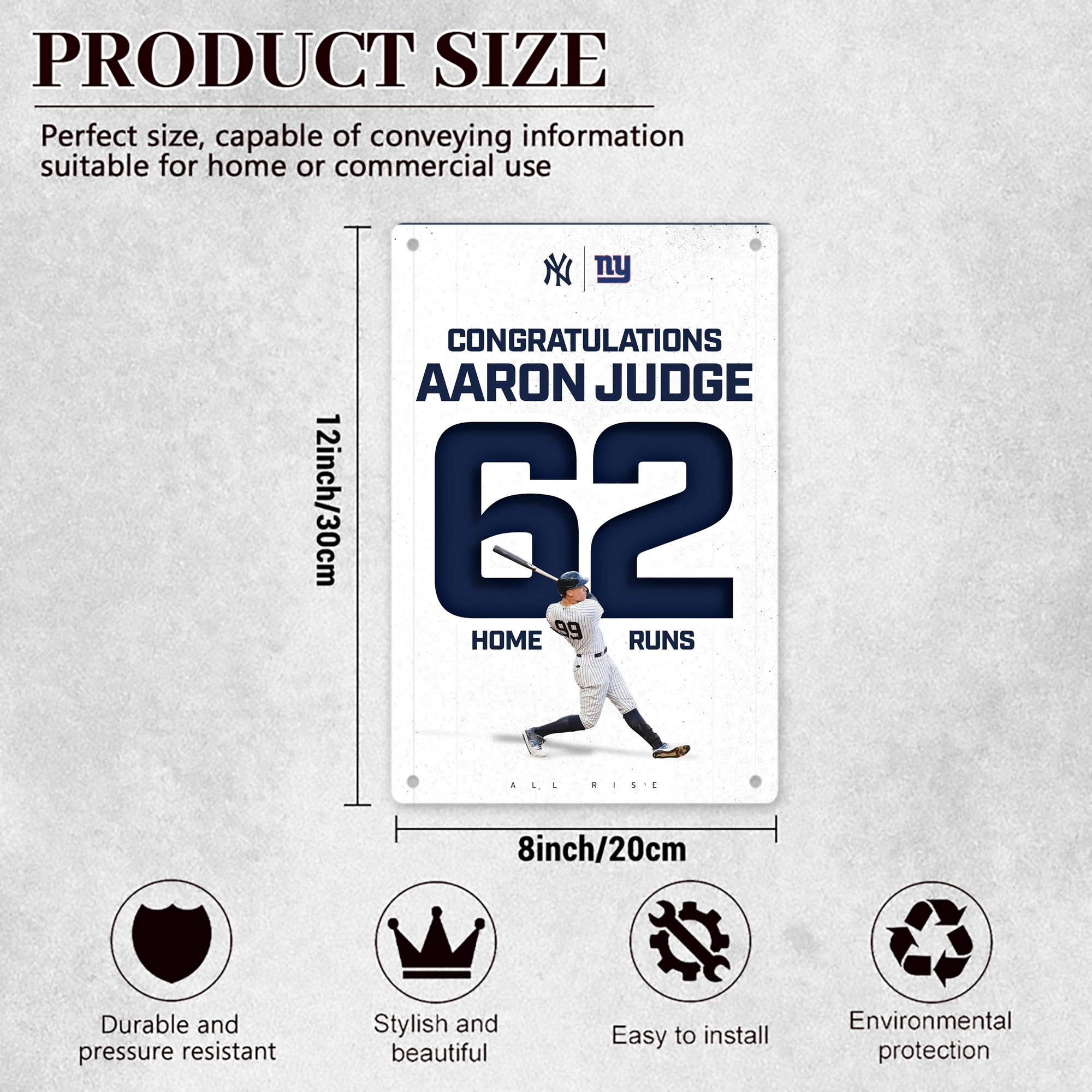 Aaron Judge 62 Home Runs 8x12inch Vertical Aluminum Sign - Durable Fade-Resistant Indoor/Outdoor Safety & Information Plaque For Office, Hotel, Restaurant, Bar, Public Spaces