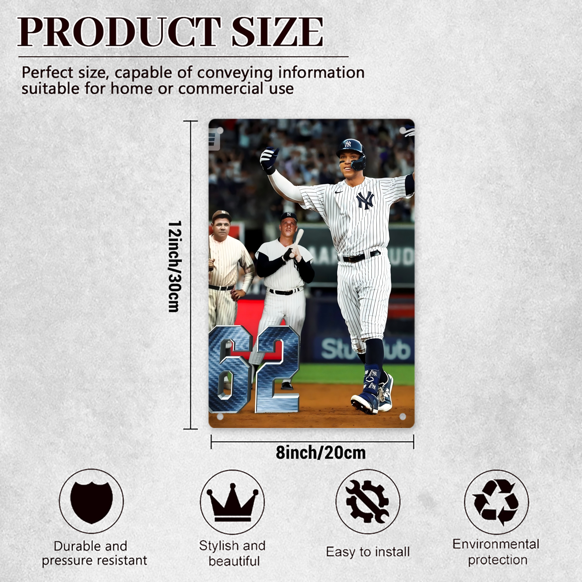 Aaron Judge 62 Home Runs 8x12inch Vertical Aluminum Sign - Durable Fade-Resistant Indoor/Outdoor Safety & Information Plaque For Office, Hotel, Restaurant, Bar, Public Spaces