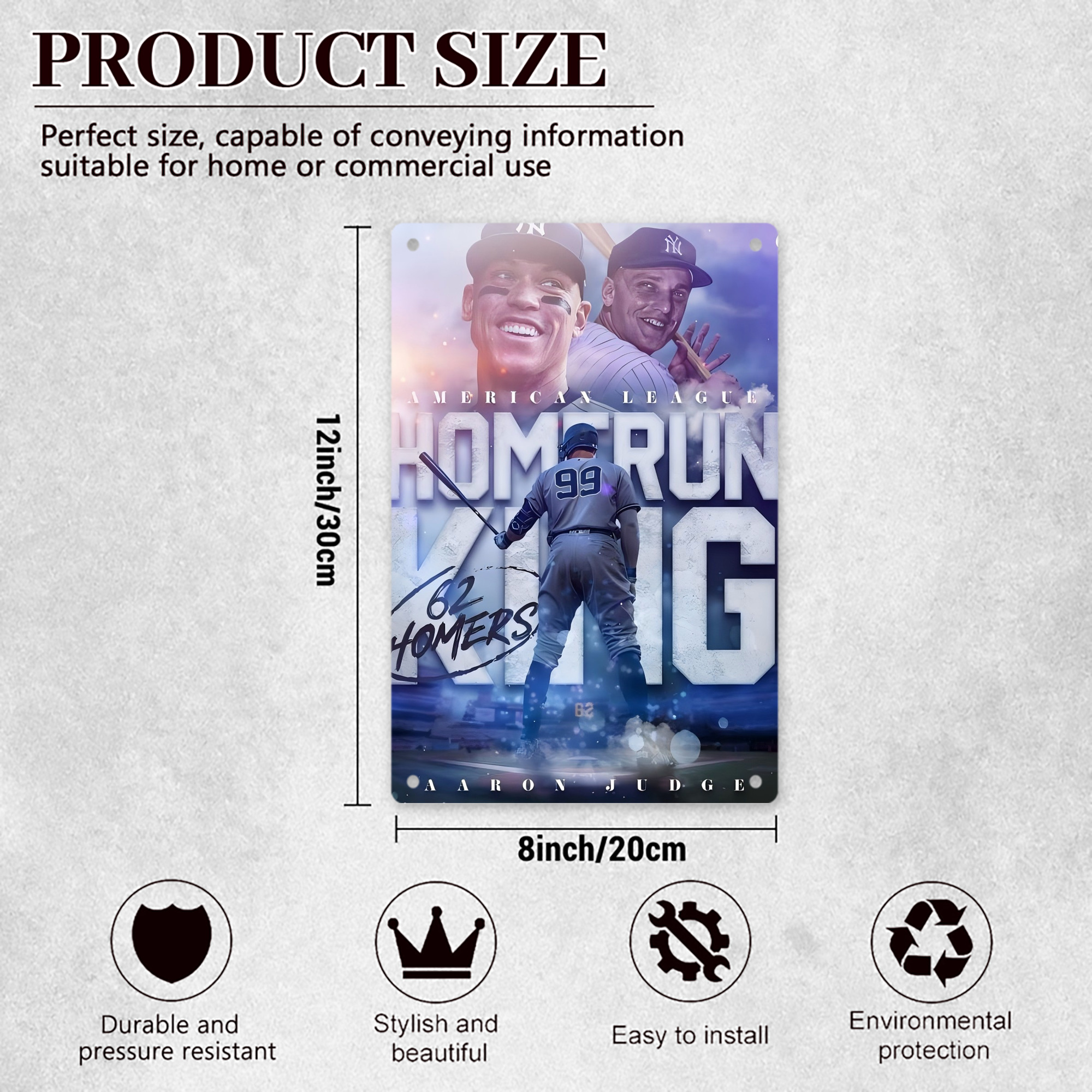 Aaron Judge 62 Home Runs 8x12inch Vertical Aluminum Sign - Durable Fade-Resistant Indoor/Outdoor Safety & Information Plaque For Office, Hotel, Restaurant, Bar, Public Spaces