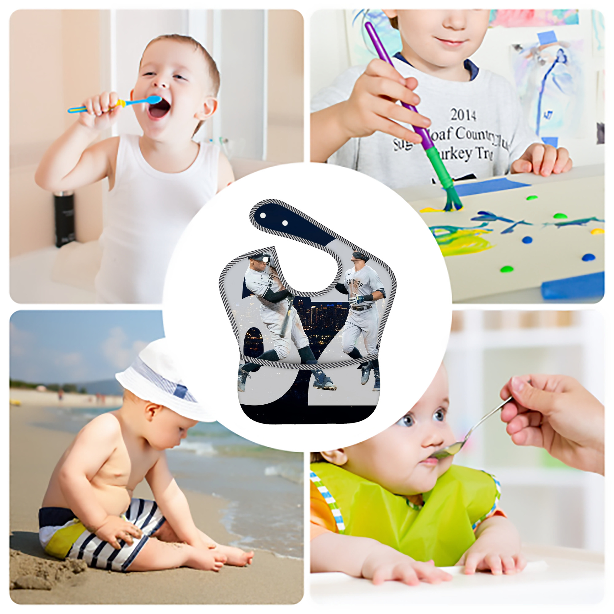 Aaron Judge 62 Home Runs Adjustable Waterproof Toddler Bib – Full-Print Durable Polyester – Foldable Crumb Pocket – Easy Snap Closure – Soft