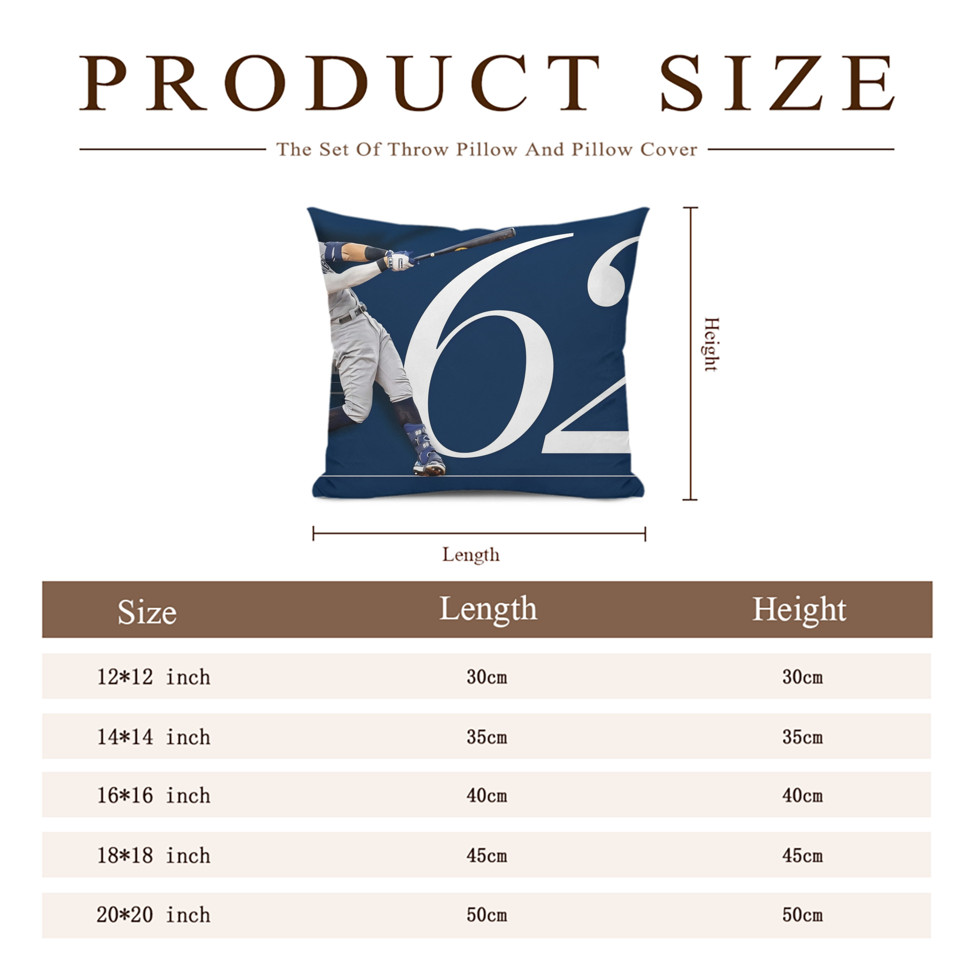 Aaron Judge 62 Home Runs Soft Polyester Pillow Cover With Insert – Double-Sided Design, Invisible Zipper, Durable & Breathable – Easy Care Cushion Set