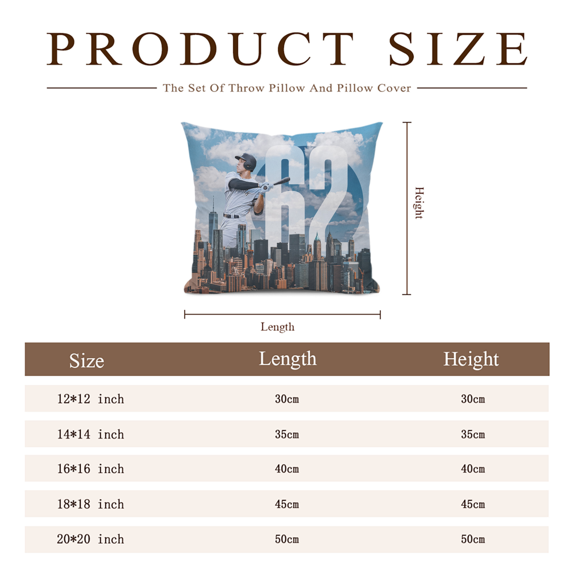Aaron Judge 62 Home Runs Soft Polyester Pillow Cover With Insert – Double-Sided Design, Invisible Zipper, Durable & Breathable – Easy Care Cushion Set