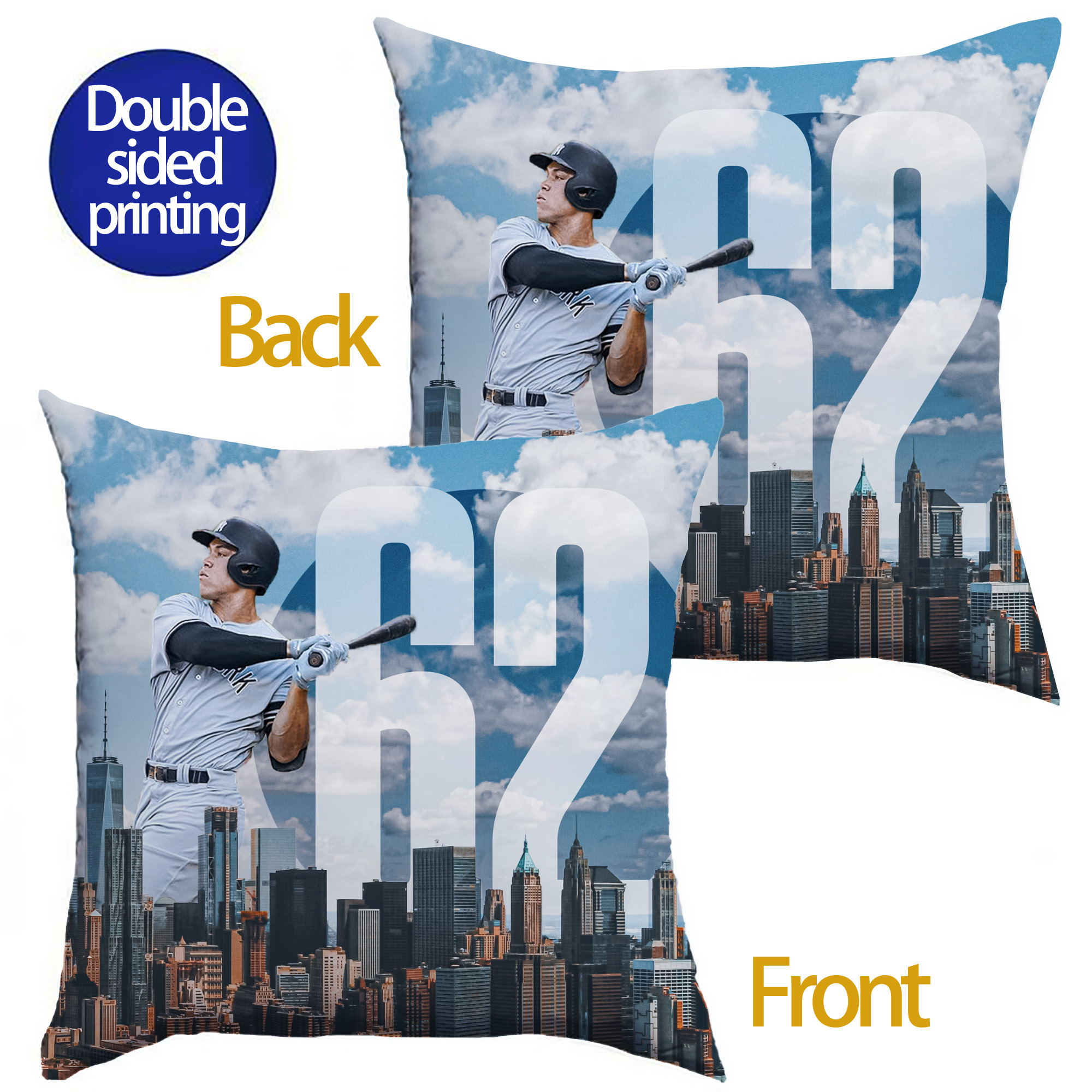 Aaron Judge 62 Home Runs Soft Polyester Pillow Cover With Insert – Double-Sided Design, Invisible Zipper, Durable & Breathable – Easy Care Cushion Set
