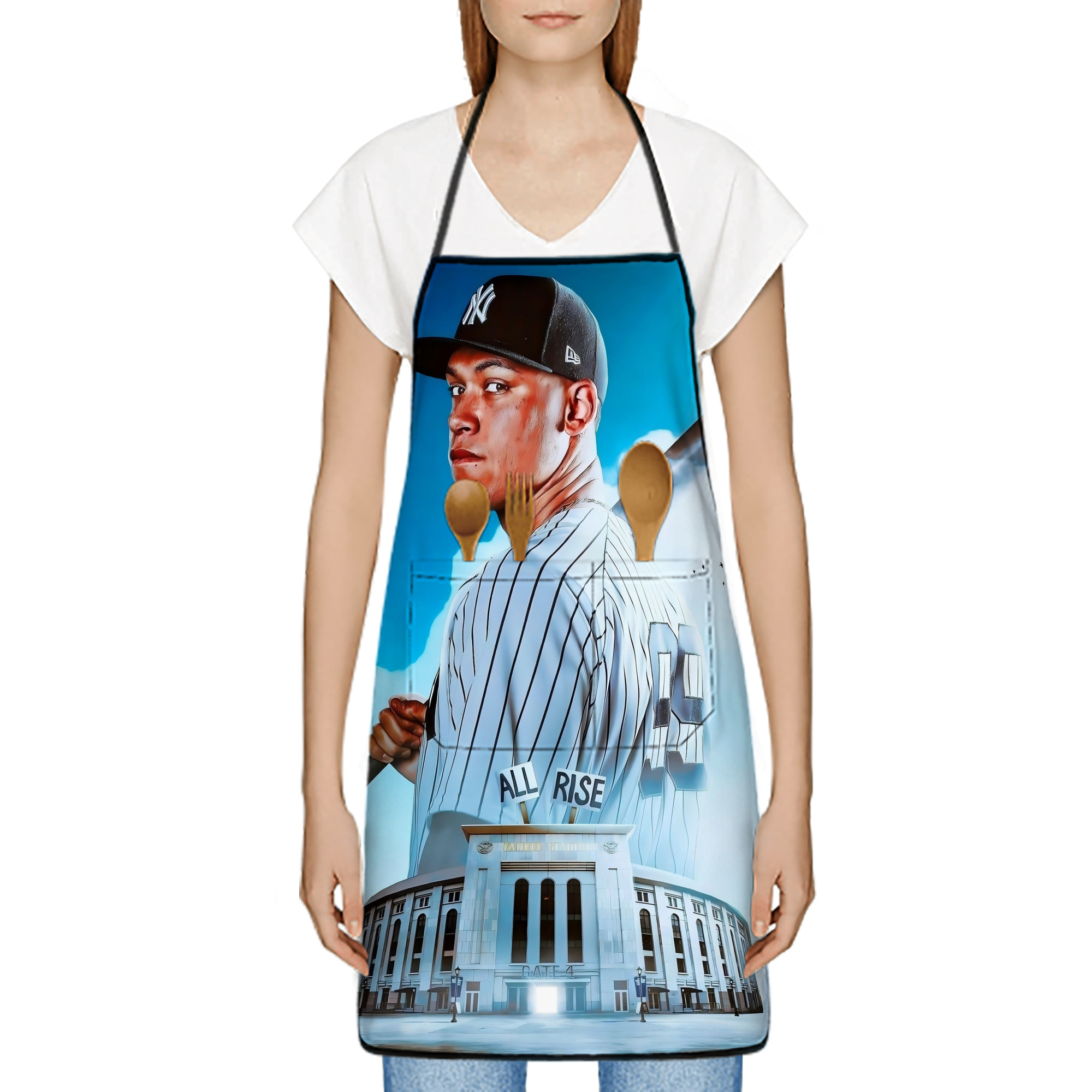 Aaron Judge 99 All Rise Stain-Resistant Polyester Apron With Pocket – Full Print, Waterproof, Anti-Wrinkle, Anti-Pilling – Ideal For Kitchen, BBQ, Restaurant, Salon & More