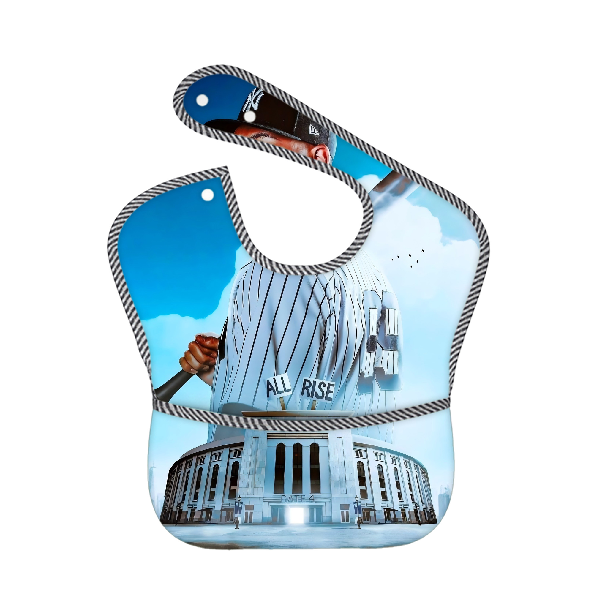 Aaron Judge 99 All Rise Adjustable Waterproof Toddler Bib – Full-Print Durable Polyester – Foldable Crumb Pocket – Easy Snap Closure – Soft