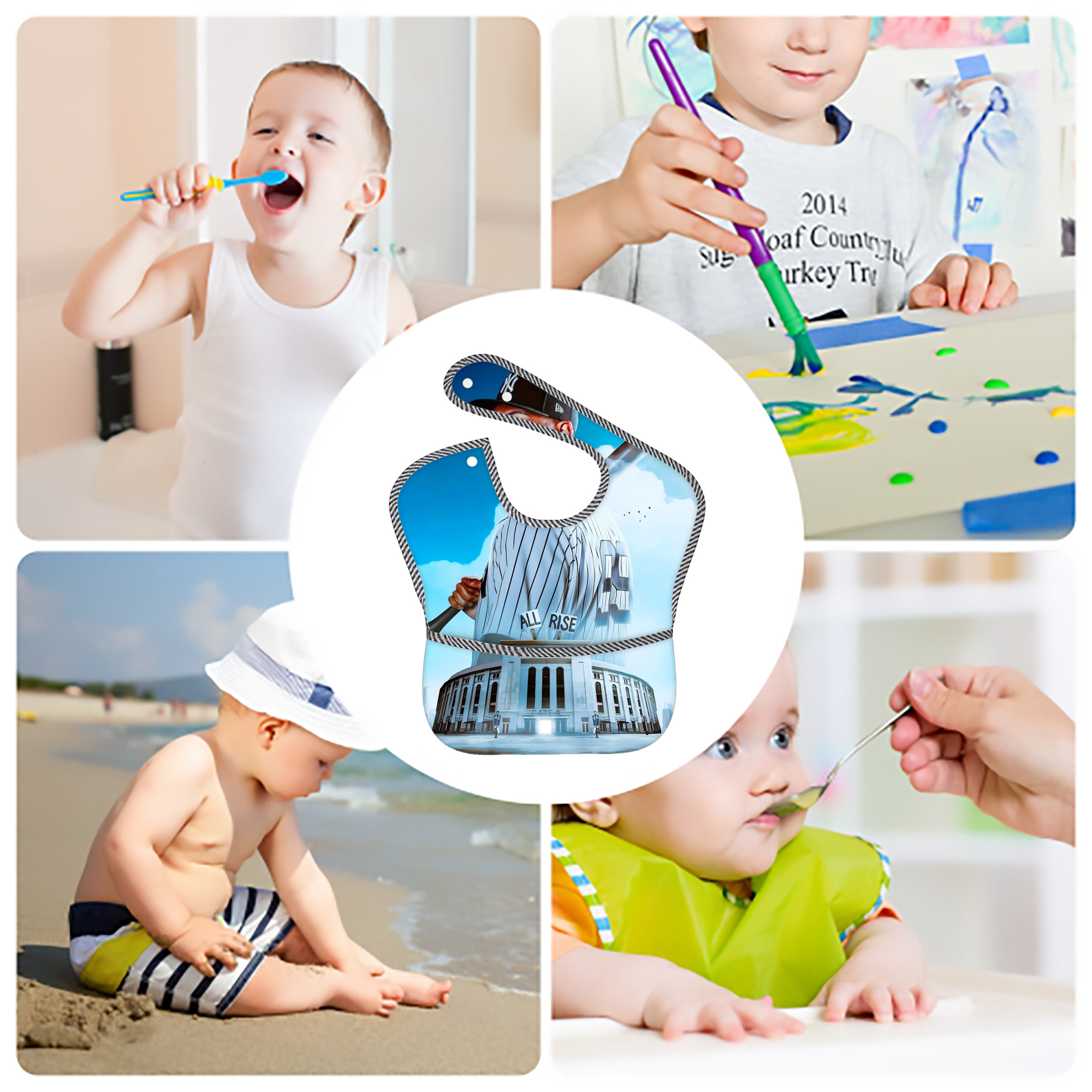 Aaron Judge 99 All Rise Adjustable Waterproof Toddler Bib – Full-Print Durable Polyester – Foldable Crumb Pocket – Easy Snap Closure – Soft