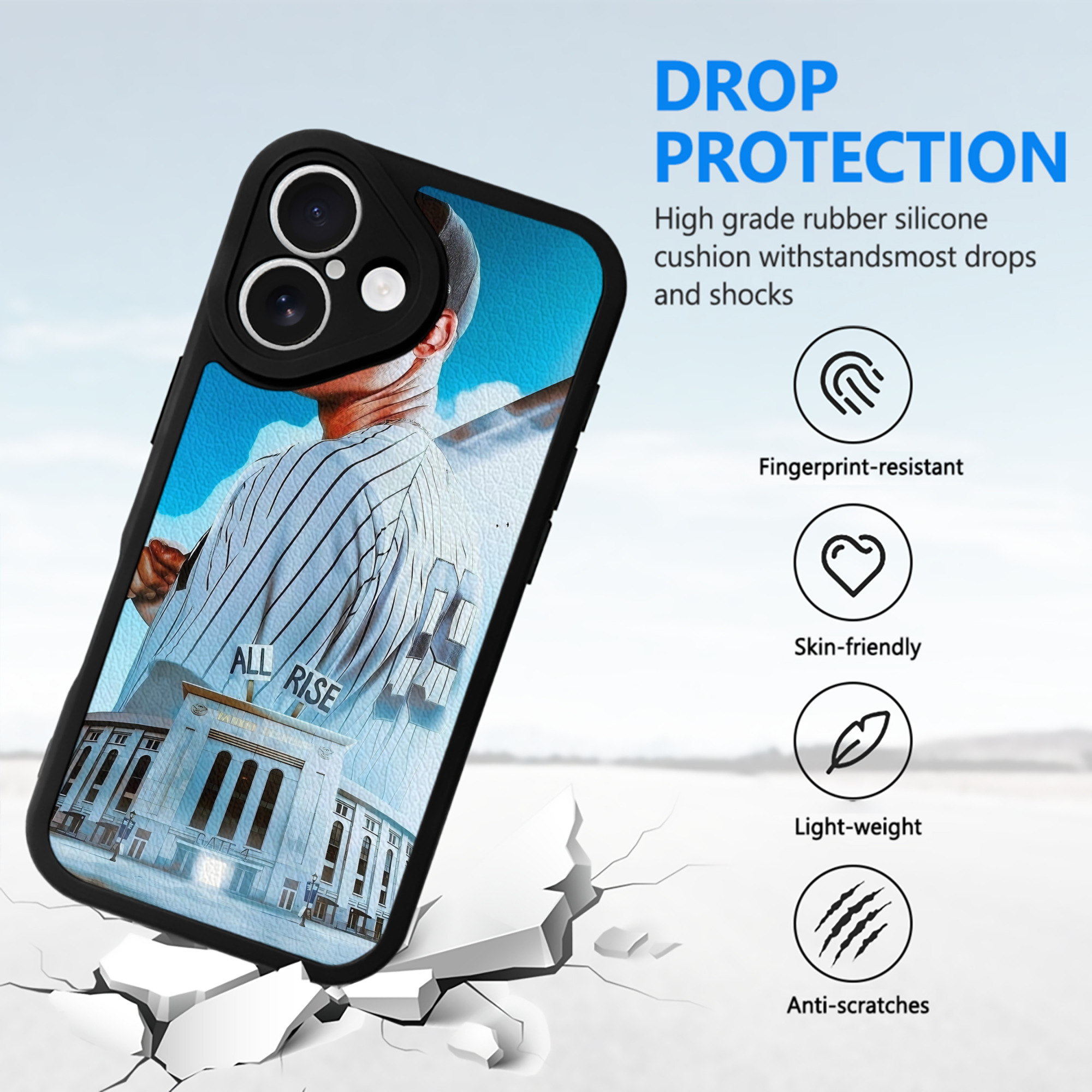 Aaron Judge 99 All Rise IPhone 16 Silicone Leather Case – UV Print, Lambskin Texture – Perfect Fit, Wireless Charging Compatible, Scratch Resistant, Precise Cutouts – Stylish Protection For IPhone 16