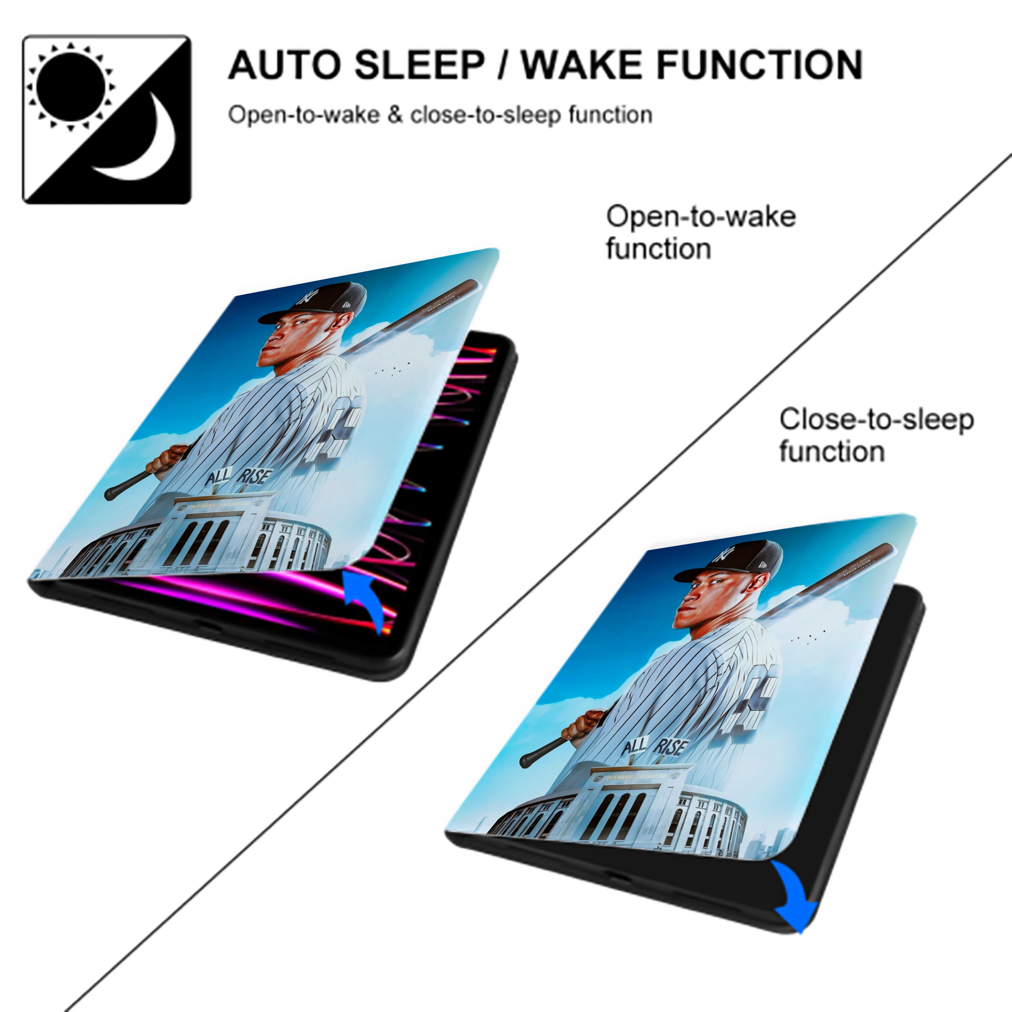 Aaron Judge 99 All Rise Premium Tri-Fold PU Leather & Silicone IPad Case With Pencil Slot – Fits 9.5,10.5,10.9 – Adjustable Stand, Slim, Protective