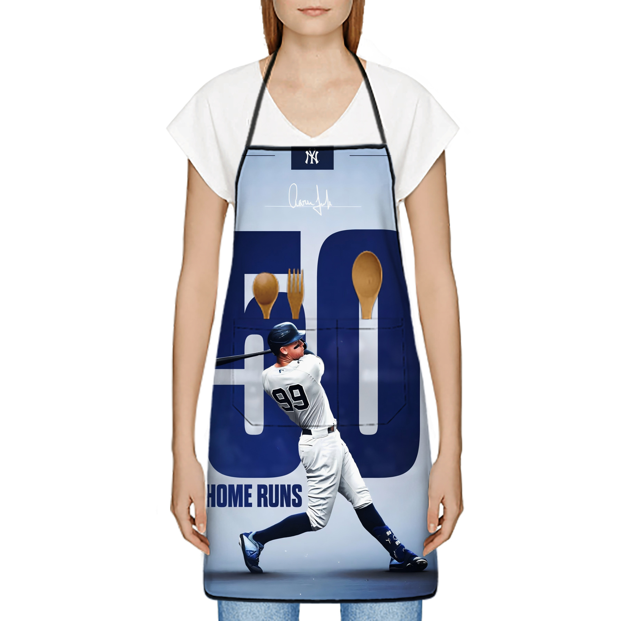 Aaron Judge 50 Home Runs 4 Stain-Resistant Polyester Apron With Pocket – Full Print, Waterproof, Anti-Wrinkle, Anti-Pilling – Ideal For Kitchen, BBQ, Restaurant, Salon & More