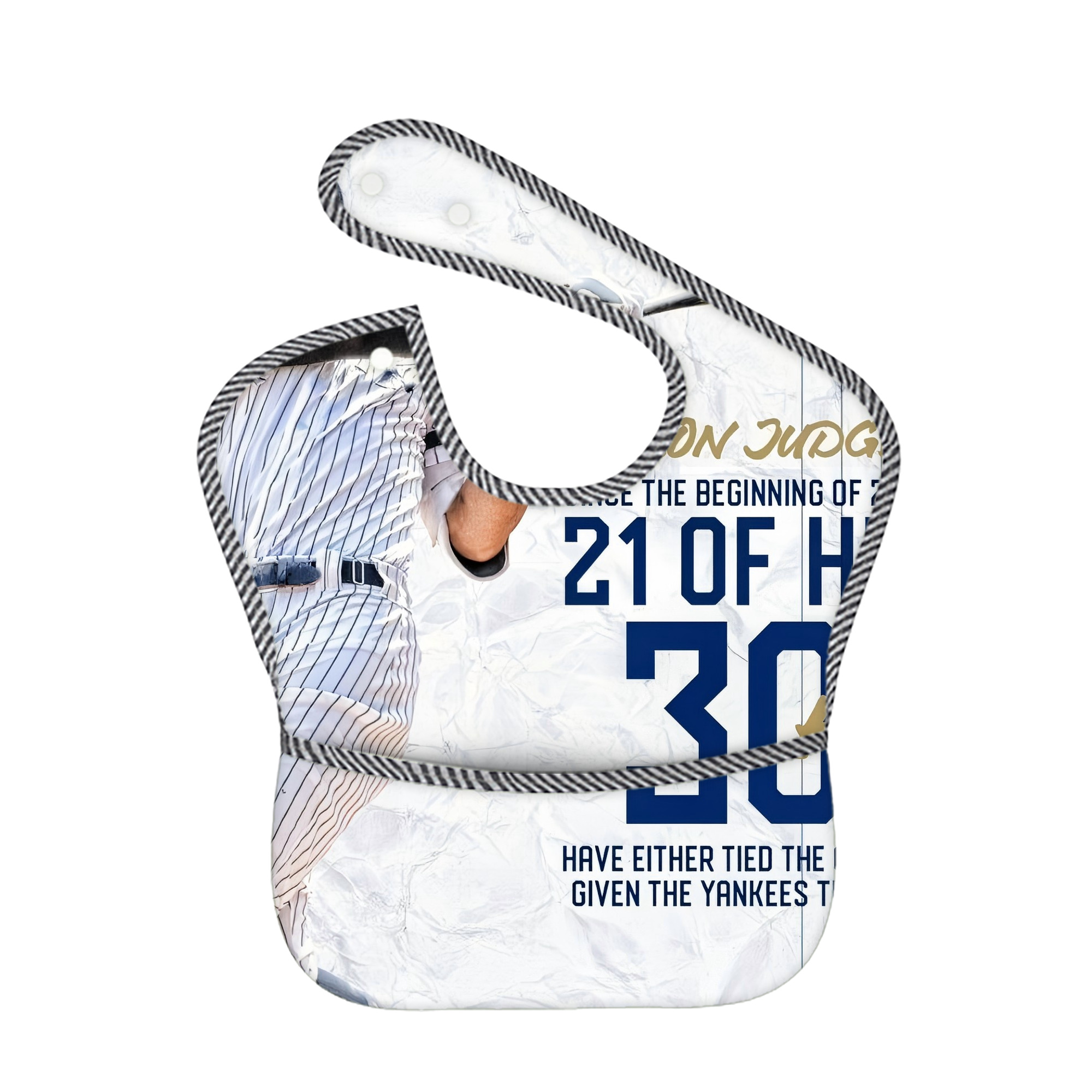 Aaron Judge 30 Home Runs Adjustable Waterproof Toddler Bib – Full-Print Durable Polyester – Foldable Crumb Pocket – Easy Snap Closure – Soft