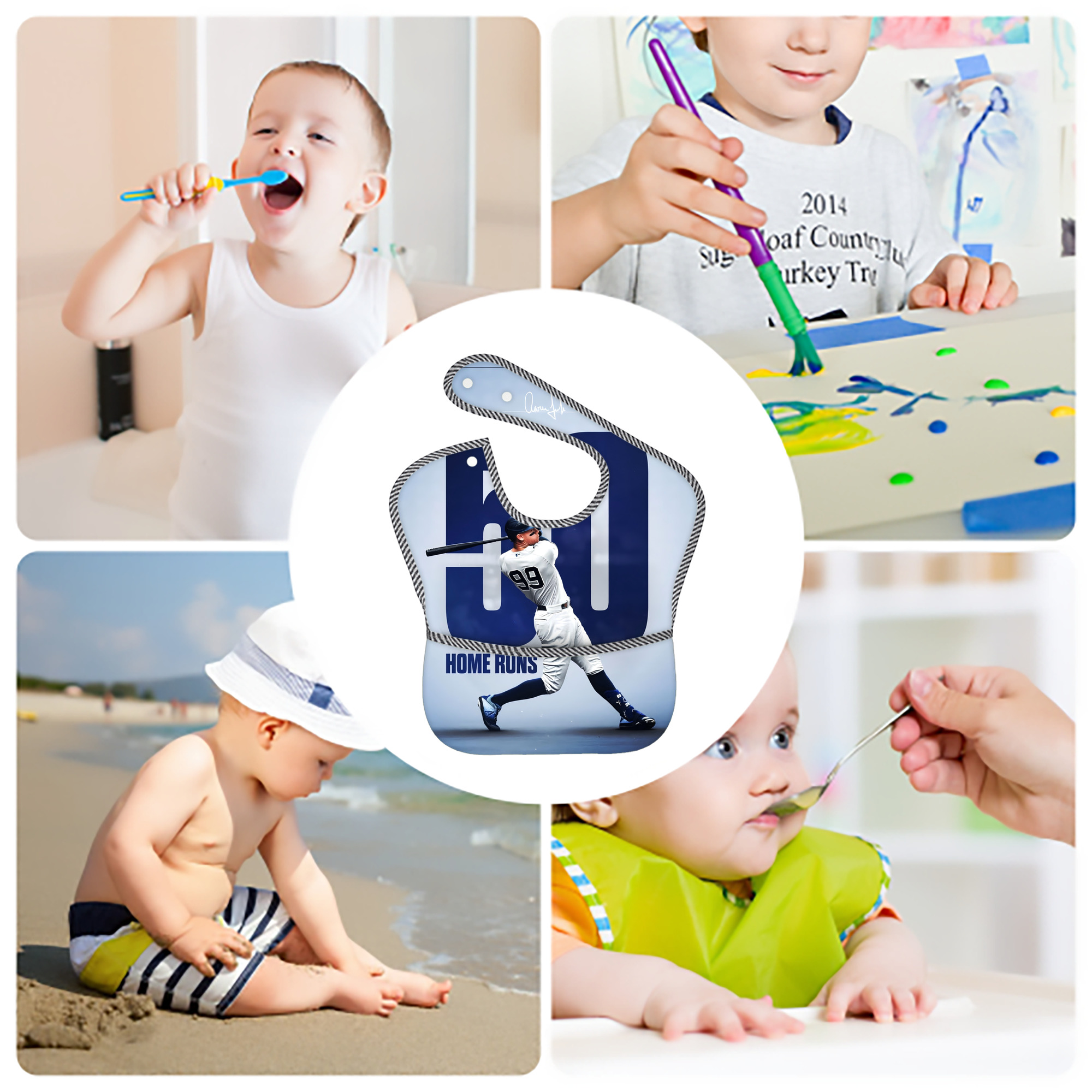 Aaron Judge 50 Home Runs 4 Adjustable Waterproof Toddler Bib – Full-Print Durable Polyester – Foldable Crumb Pocket – Easy Snap Closure – Soft