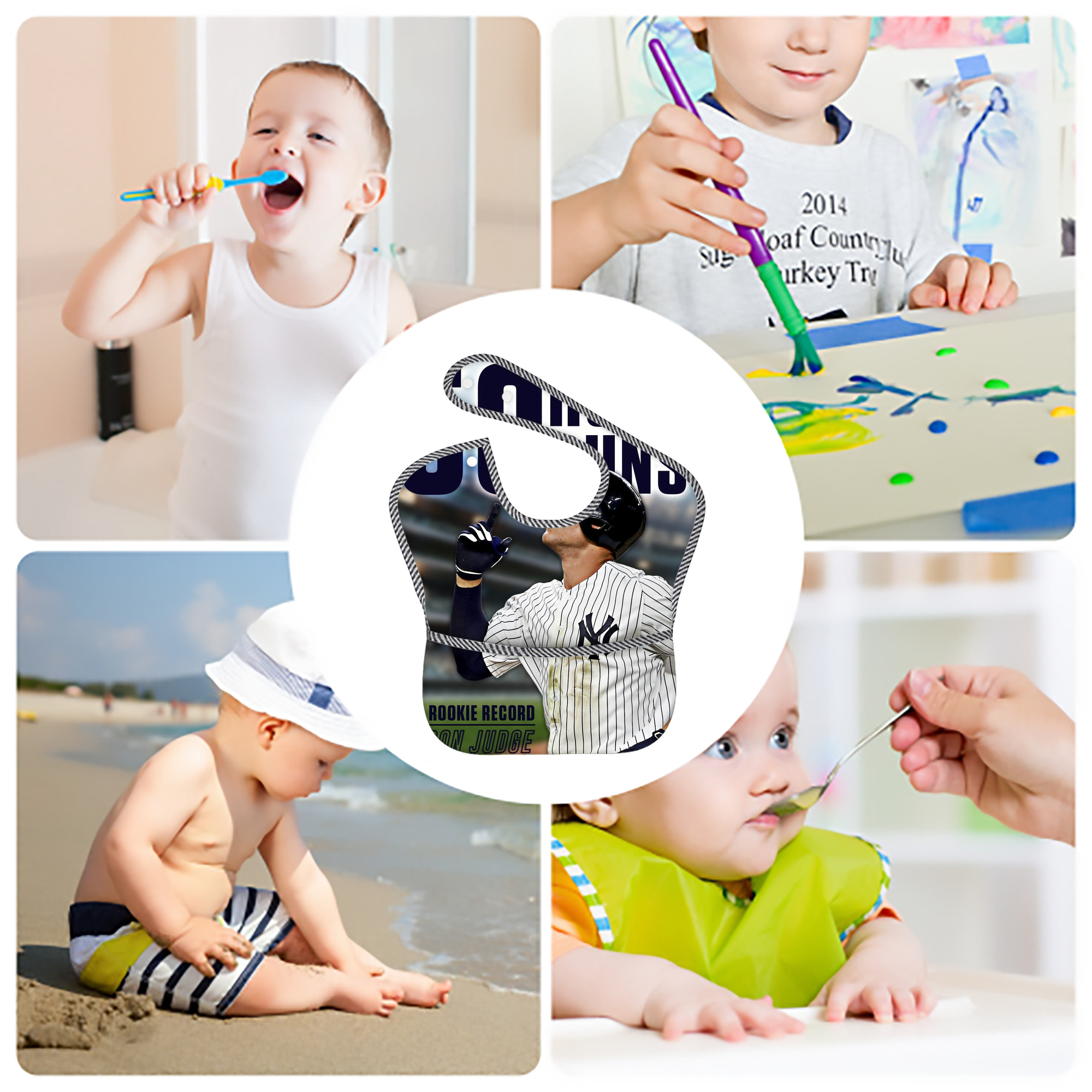 Aaron Judge 50 Home Runs 5 Adjustable Waterproof Toddler Bib – Full-Print Durable Polyester – Foldable Crumb Pocket – Easy Snap Closure – Soft