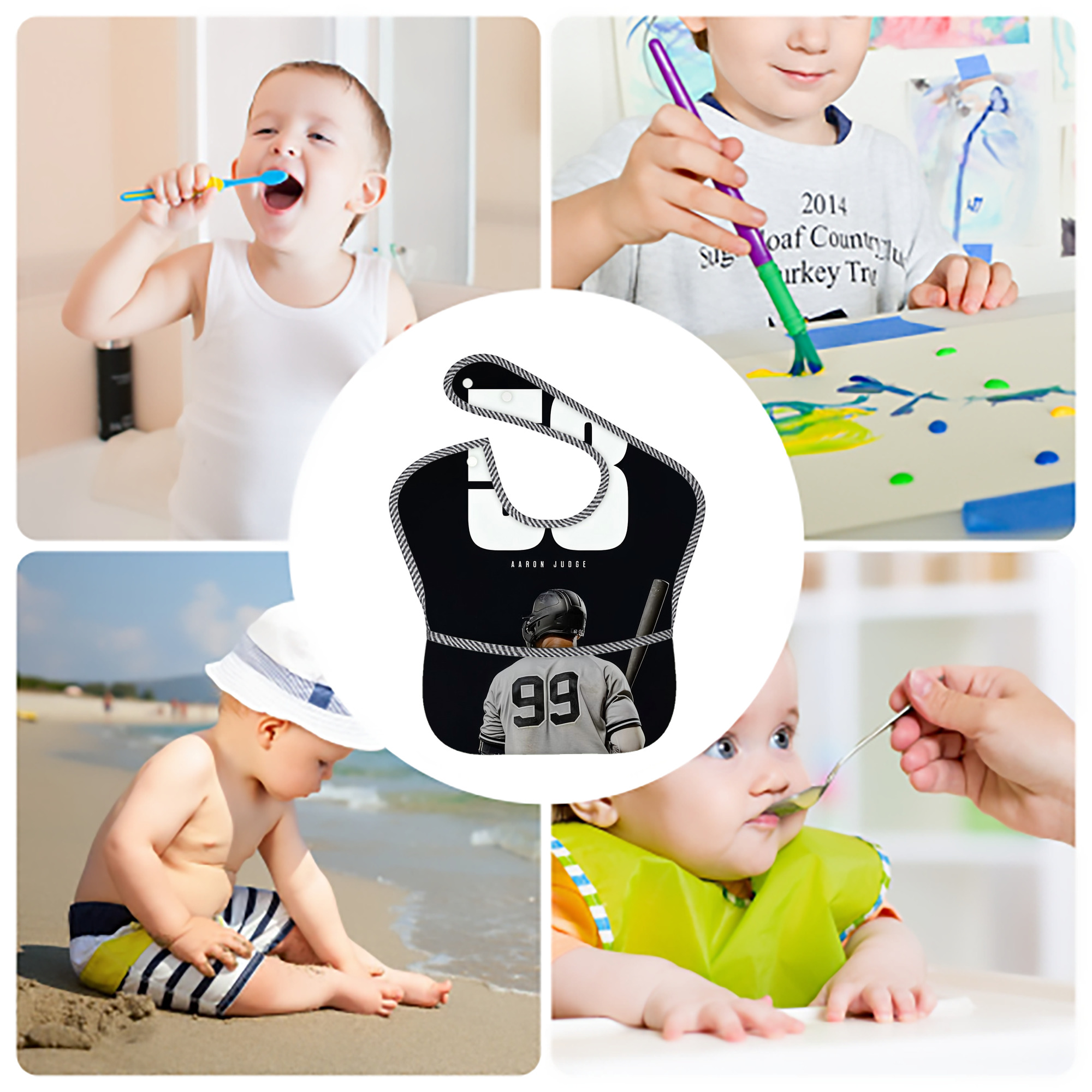 Aaron Judge 53 Home Runs Adjustable Waterproof Toddler Bib – Full-Print Durable Polyester – Foldable Crumb Pocket – Easy Snap Closure – Soft
