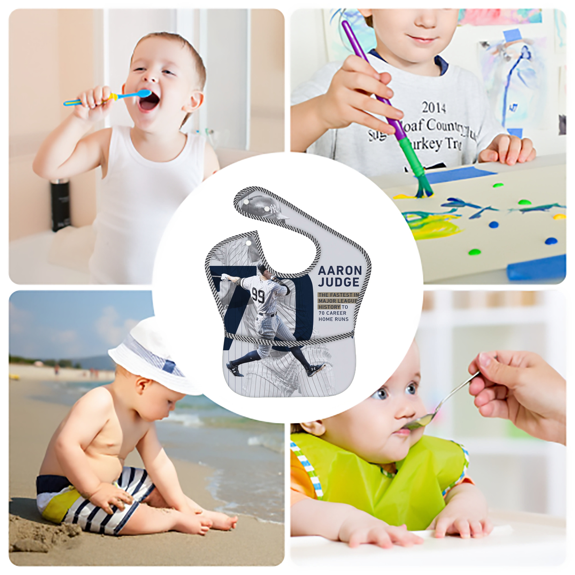 Aaron Judge 70 Home Runs Adjustable Waterproof Toddler Bib – Full-Print Durable Polyester – Foldable Crumb Pocket – Easy Snap Closure – Soft