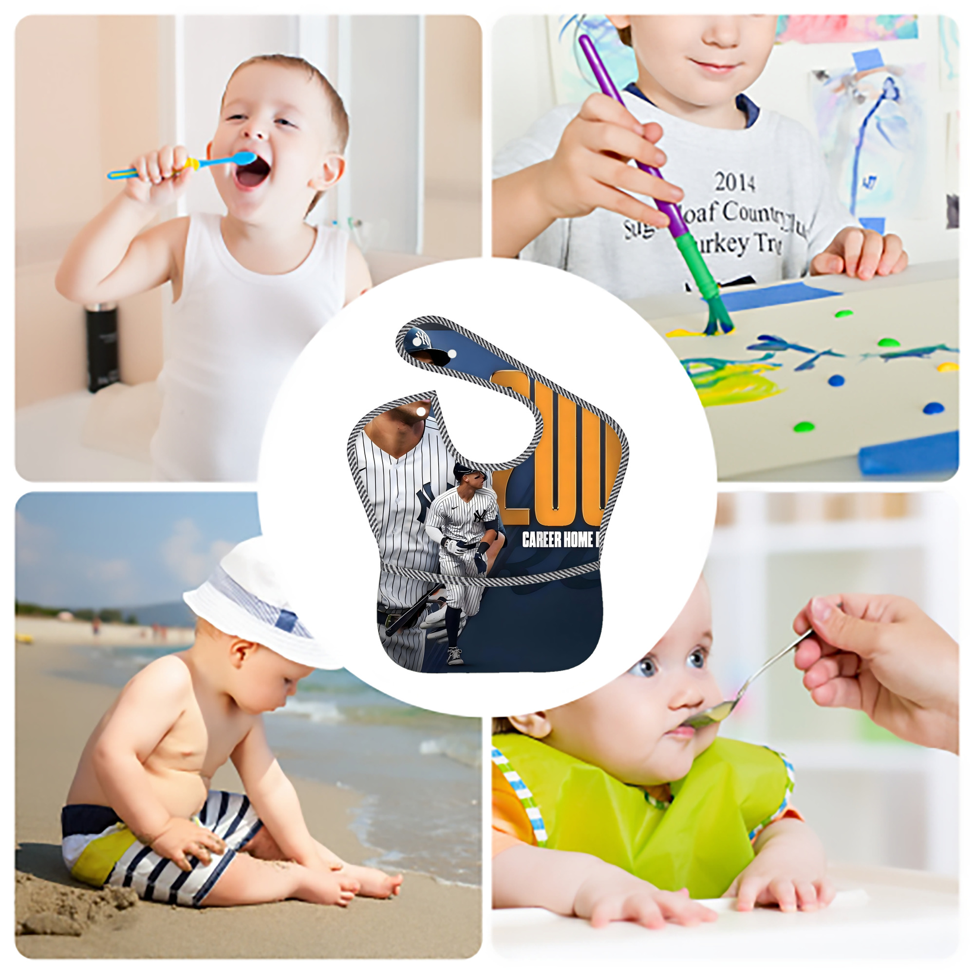 Aaron Judge 200 Home Runs 1 Adjustable Waterproof Toddler Bib – Full-Print Durable Polyester – Foldable Crumb Pocket – Easy Snap Closure – Soft