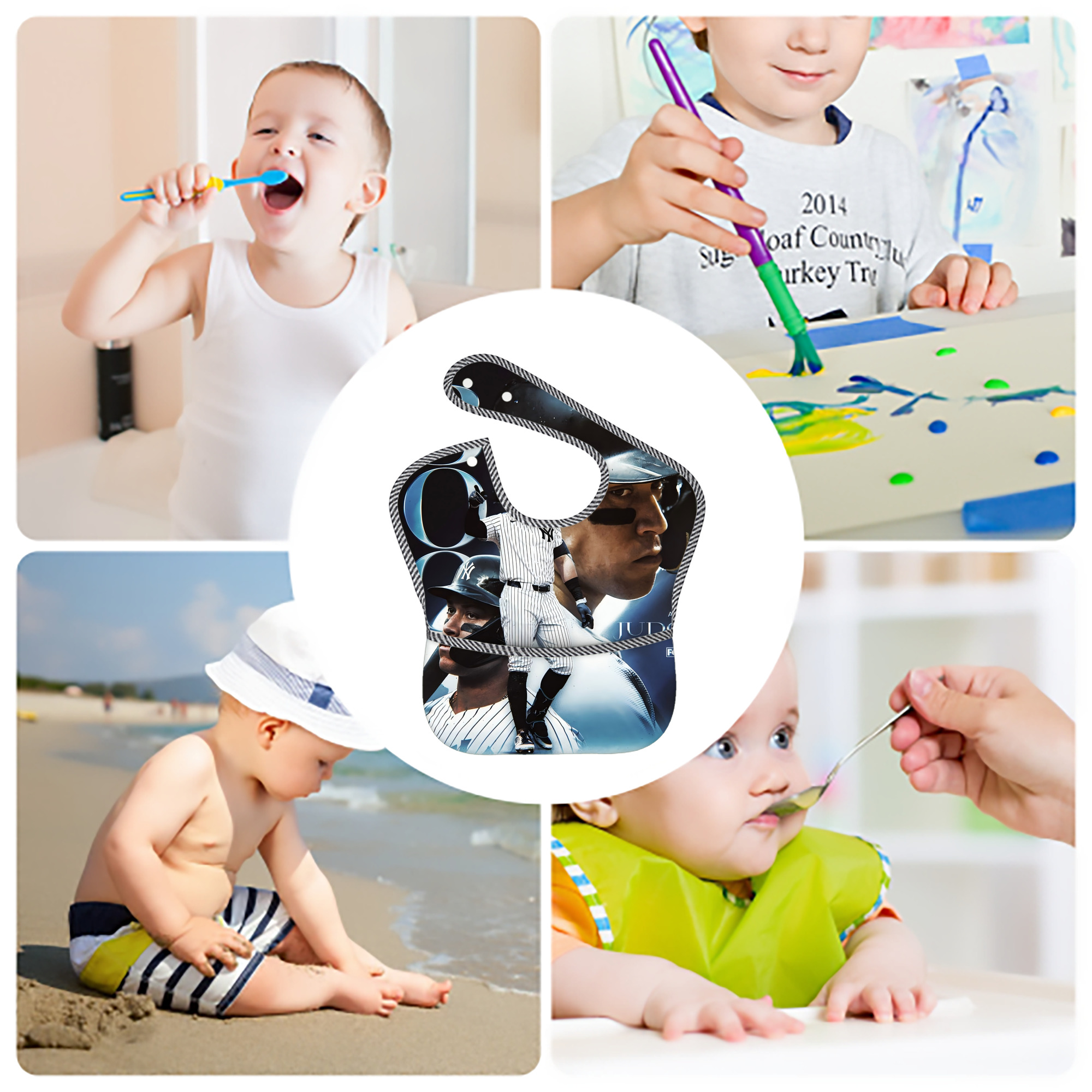 Aaron Judge 300 Home Runs 1 Adjustable Waterproof Toddler Bib – Full-Print Durable Polyester – Foldable Crumb Pocket – Easy Snap Closure – Soft