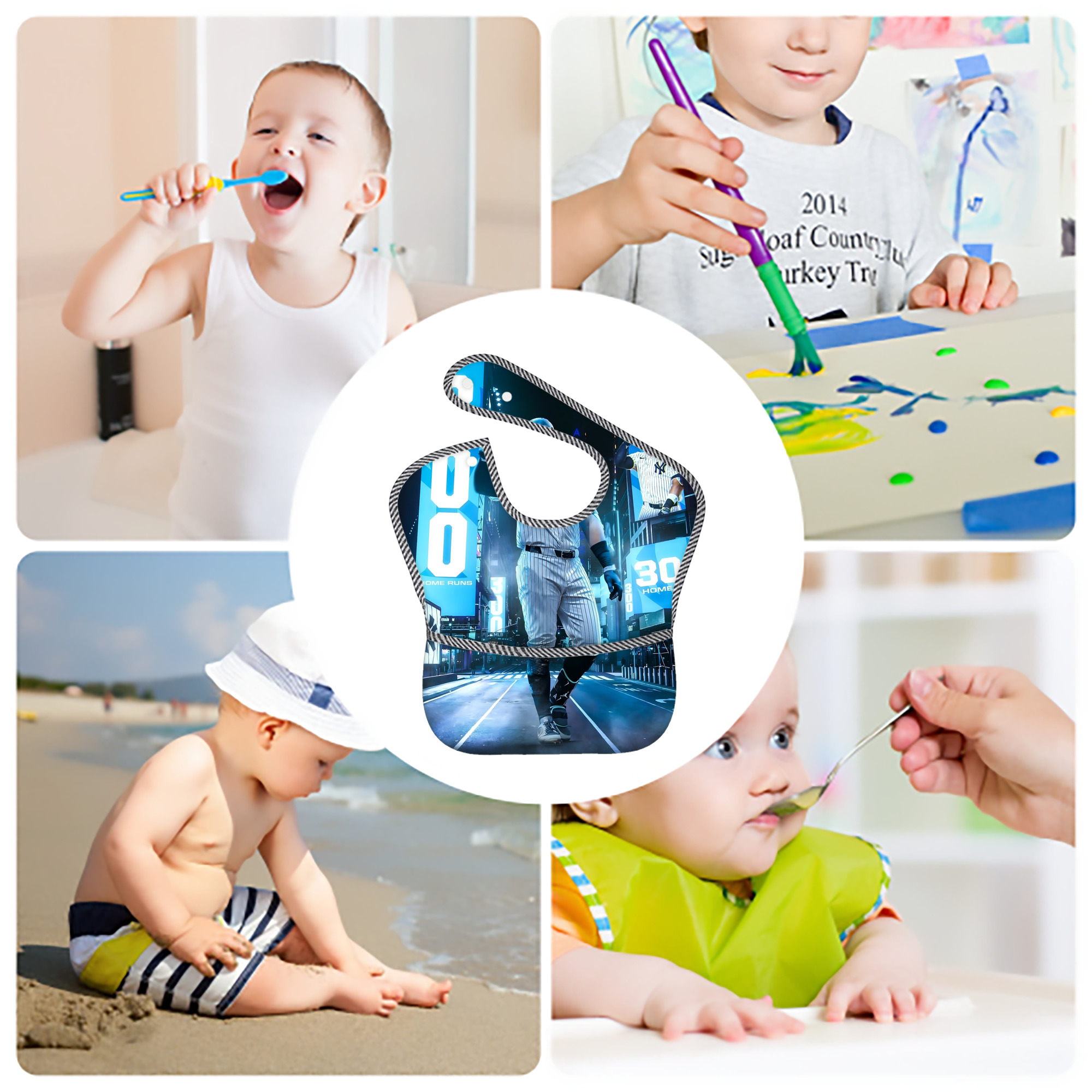 Aaron Judge 300 Home Runs 2 Adjustable Waterproof Toddler Bib – Full-Print Durable Polyester – Foldable Crumb Pocket – Easy Snap Closure – Soft