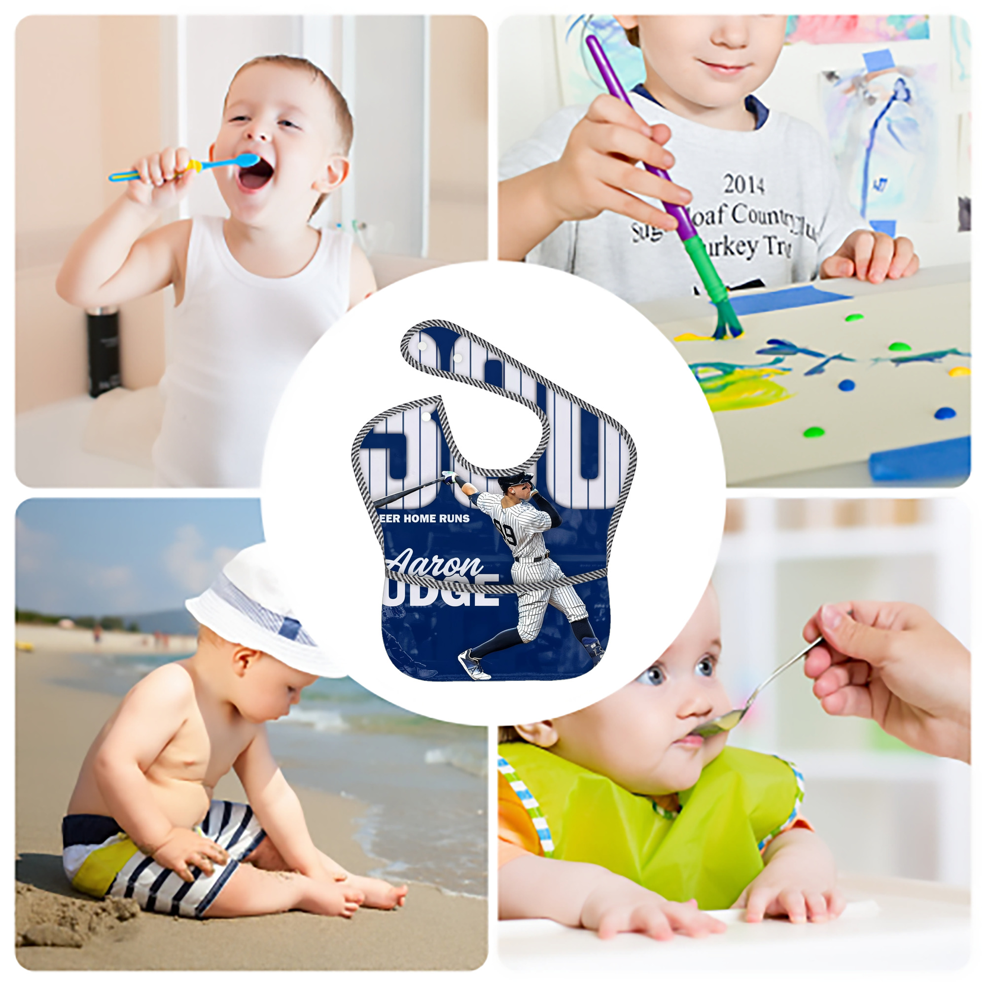 Aaron Judge 300 Home Runs Adjustable Waterproof Toddler Bib – Full-Print Durable Polyester – Foldable Crumb Pocket – Easy Snap Closure – Soft