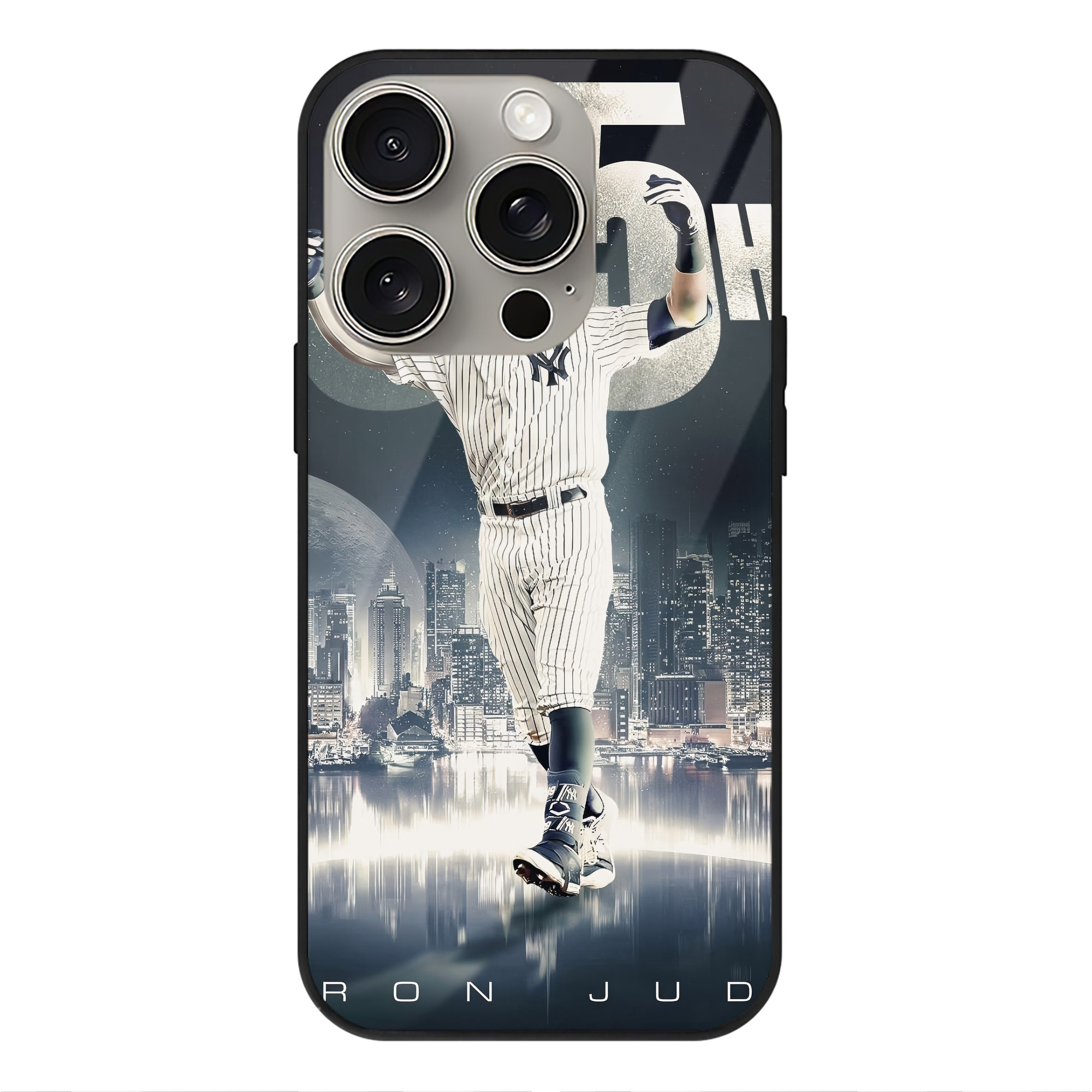 Aaron Judge 55 Home Runs IPhone 15 Pro Mirror Phone Case – UV Printed Glass + TPU – Scratch-Resistant, Wireless Charging Compatible, Precise Fit & Stylish Design