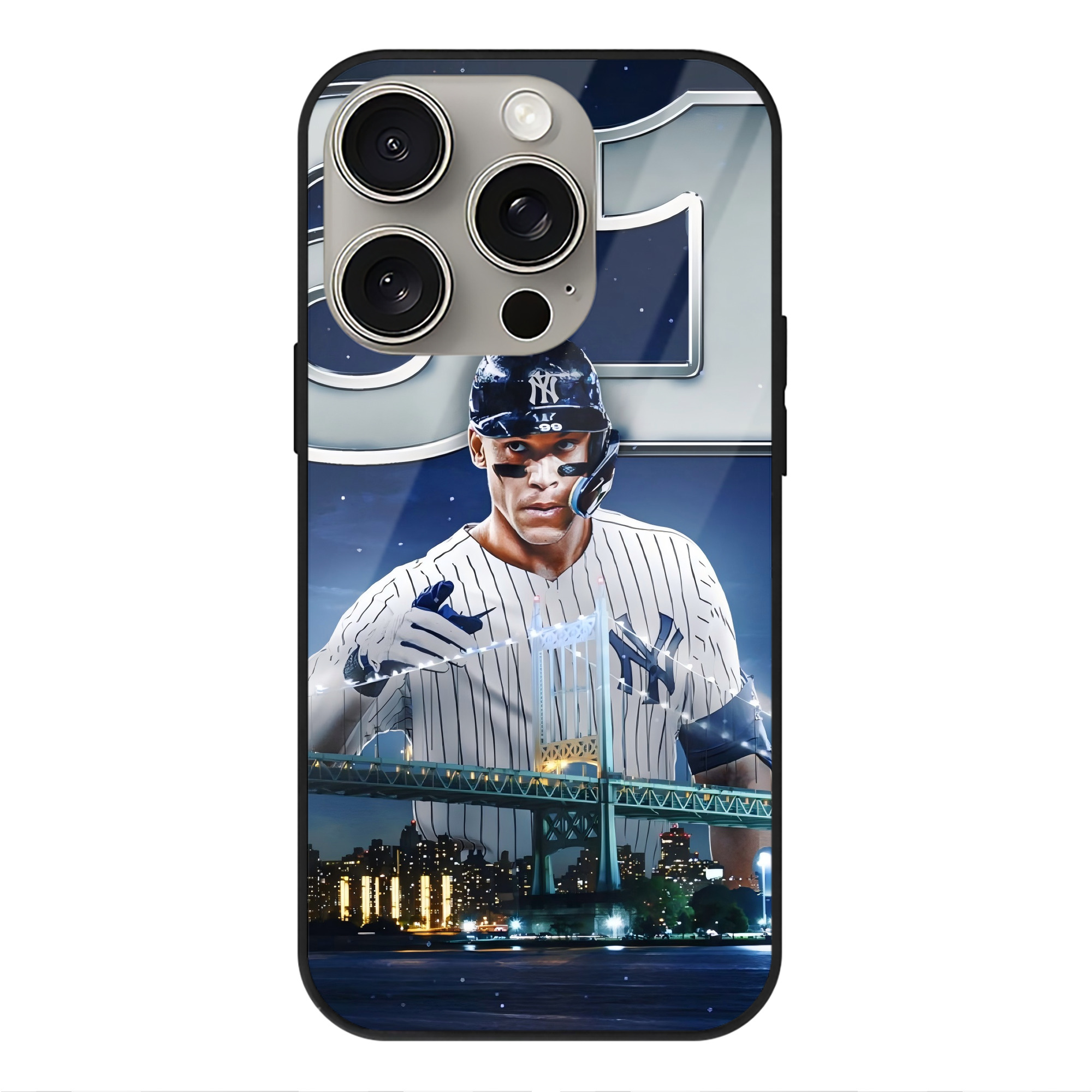 Aaron Judge 61 Home Runs IPhone 15 Pro Mirror Phone Case – UV Printed Glass + TPU – Scratch-Resistant, Wireless Charging Compatible, Precise Fit & Stylish Design