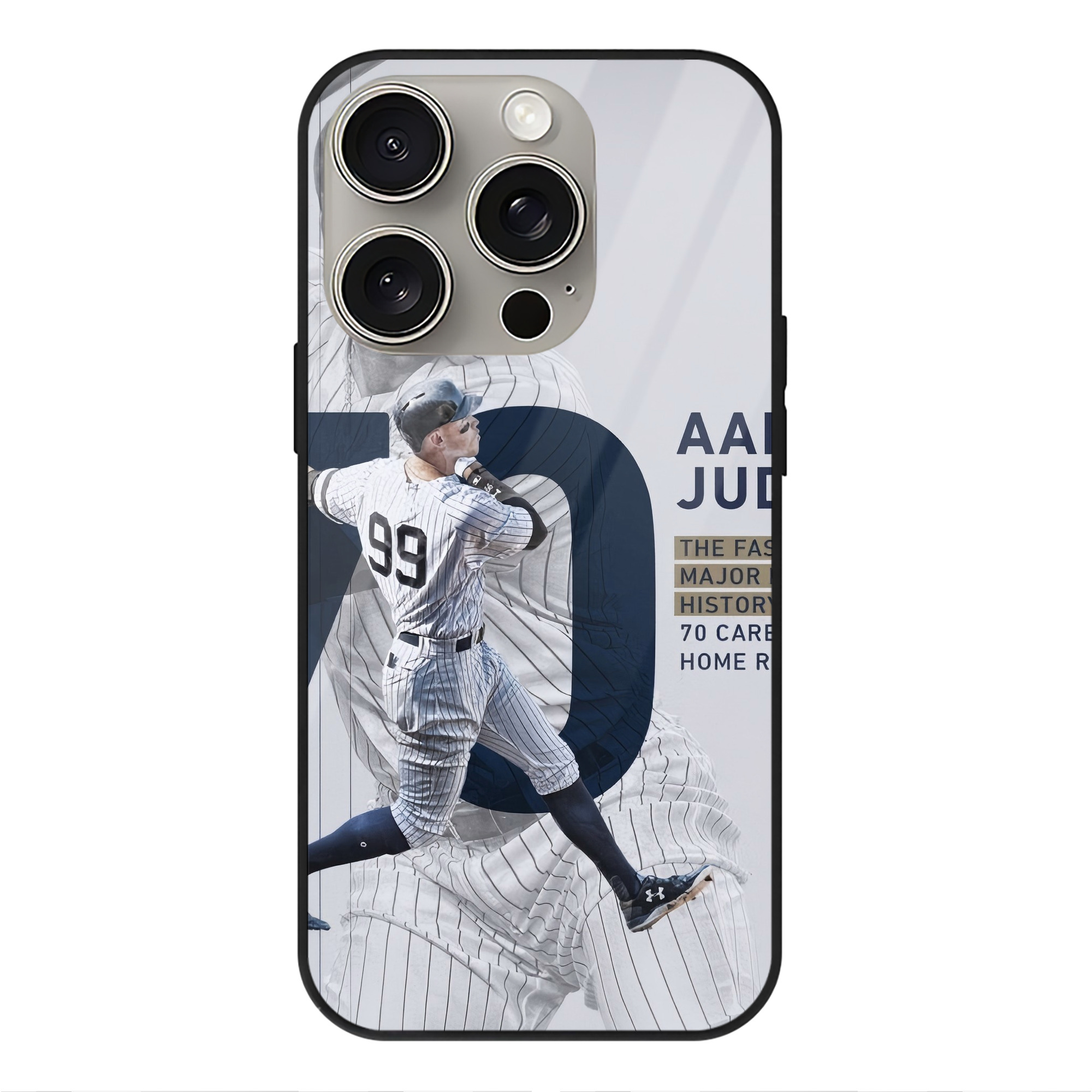 Aaron Judge 70 Home Runs IPhone 15 Pro Mirror Phone Case – UV Printed Glass + TPU – Scratch-Resistant, Wireless Charging Compatible, Precise Fit & Stylish Design