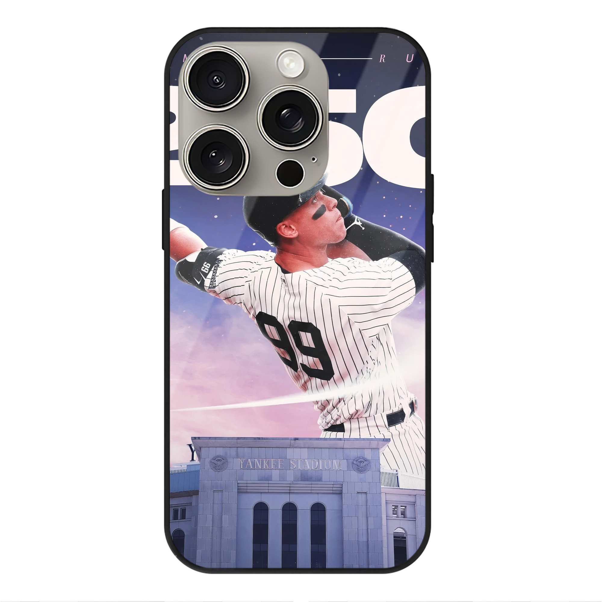Aaron Judge 250 Home Runs IPhone 15 Pro Mirror Phone Case – UV Printed Glass + TPU – Scratch-Resistant, Wireless Charging Compatible, Precise Fit & Stylish Design