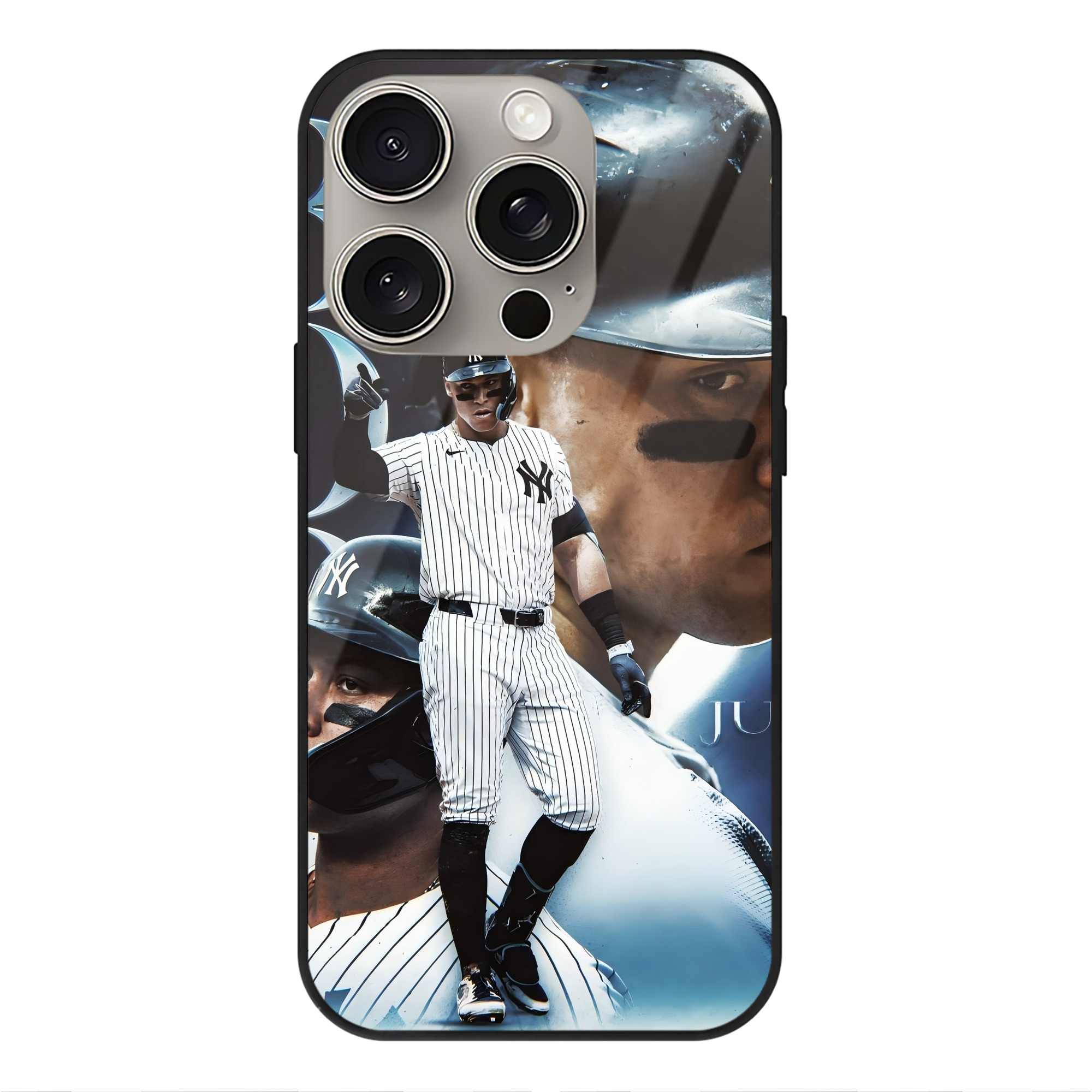 Aaron Judge 300 Home Runs 1 IPhone 15 Pro Mirror Phone Case – UV Printed Glass + TPU – Scratch-Resistant, Wireless Charging Compatible, Precise Fit & Stylish Design