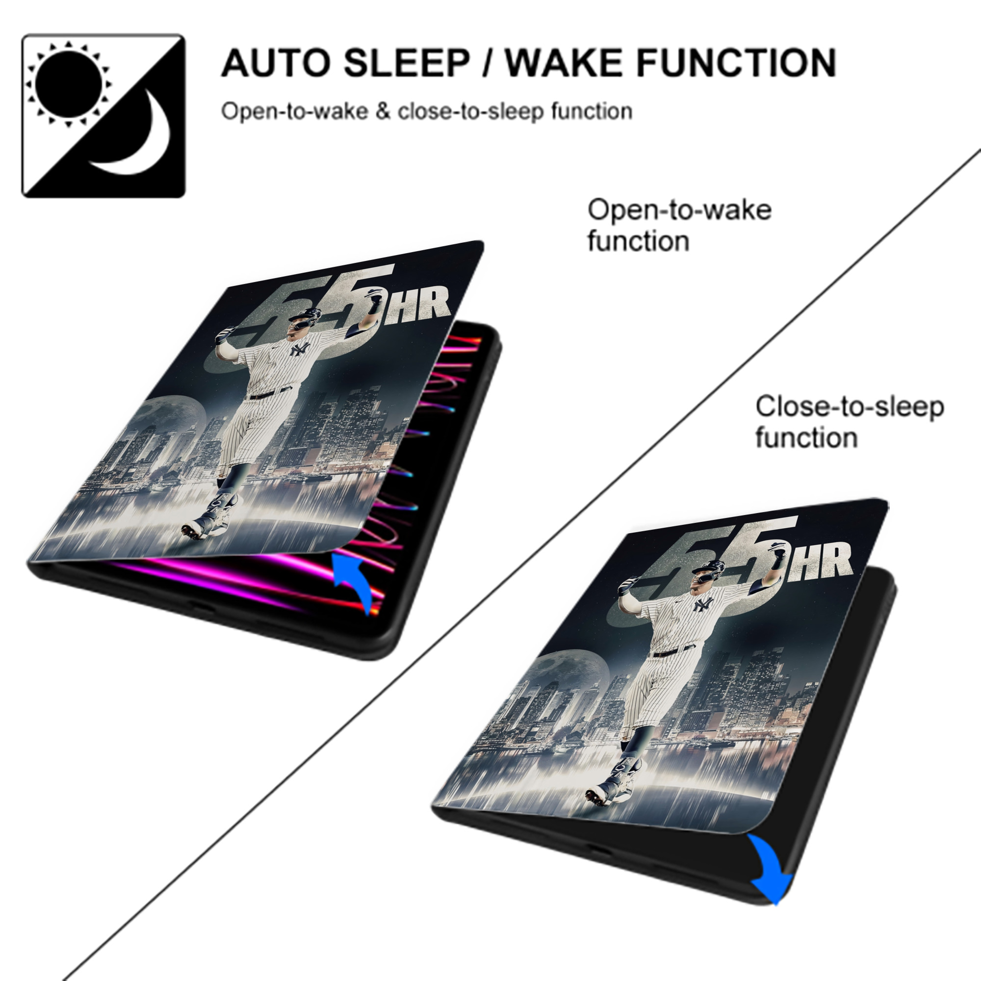 Aaron Judge 55 Home Runs Premium Tri-Fold PU Leather & Silicone IPad Case With Pencil Slot – Fits 9.5,10.5,10.9 – Adjustable Stand, Slim, Protective