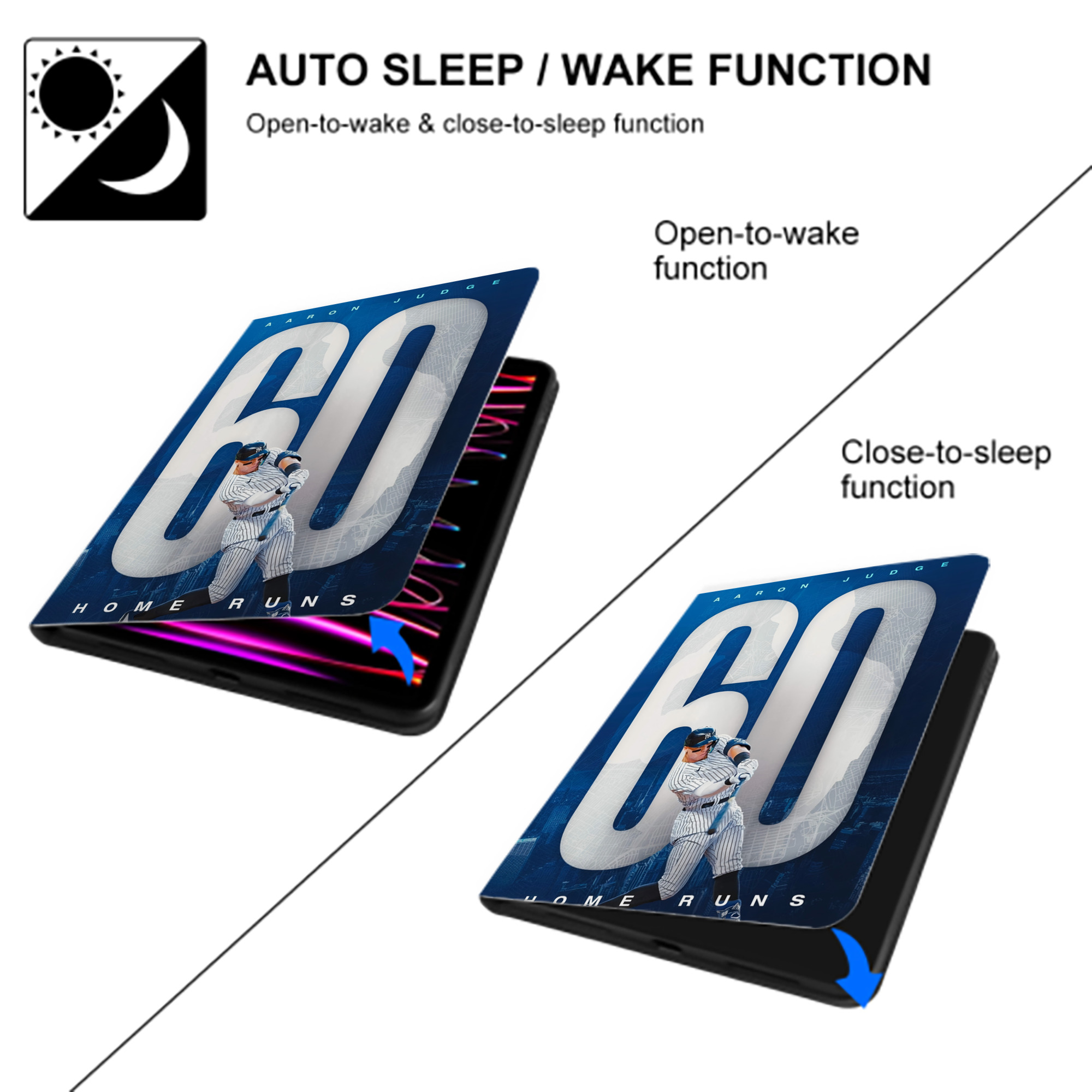 Aaron Judge 60 Home Runs 2 Premium Tri-Fold PU Leather & Silicone IPad Case With Pencil Slot – Fits 9.5,10.5,10.9 – Adjustable Stand, Slim, Protective