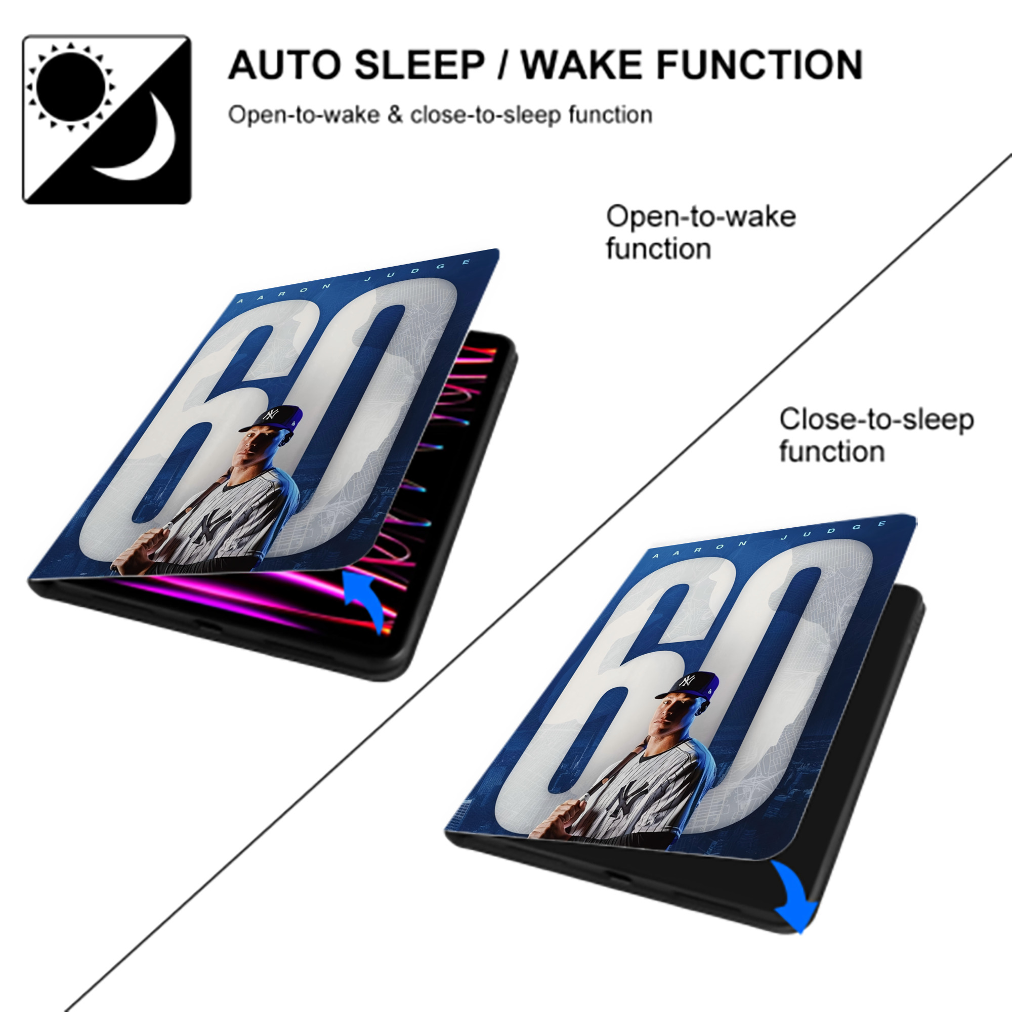 Aaron Judge 60 Home Runs Premium Tri-Fold PU Leather & Silicone IPad Case With Pencil Slot – Fits 9.5,10.5,10.9 – Adjustable Stand, Slim, Protective