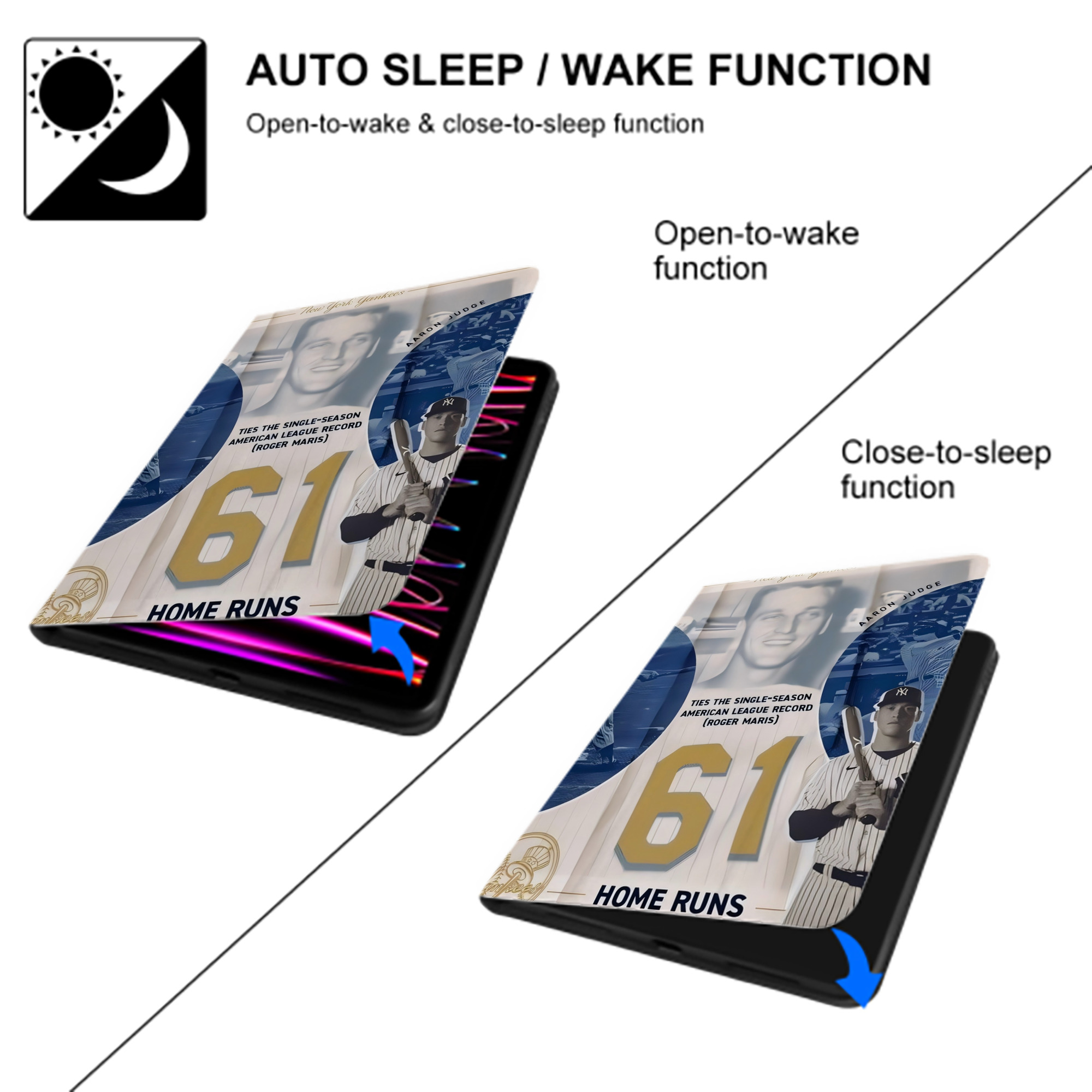 Aaron Judge 61 Home Runs 2 Premium Tri-Fold PU Leather & Silicone IPad Case With Pencil Slot – Fits 9.5,10.5,10.9 – Adjustable Stand, Slim, Protective