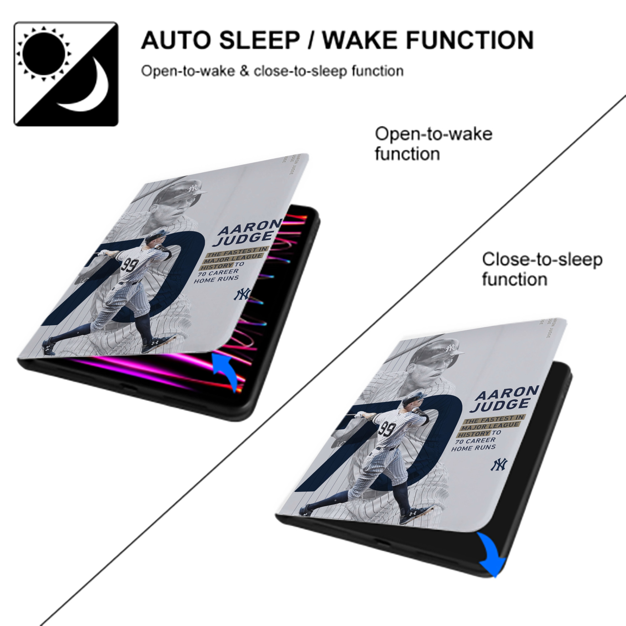 Aaron Judge 70 Home Runs Premium Tri-Fold PU Leather & Silicone IPad Case With Pencil Slot – Fits 9.5,10.5,10.9 – Adjustable Stand, Slim, Protective