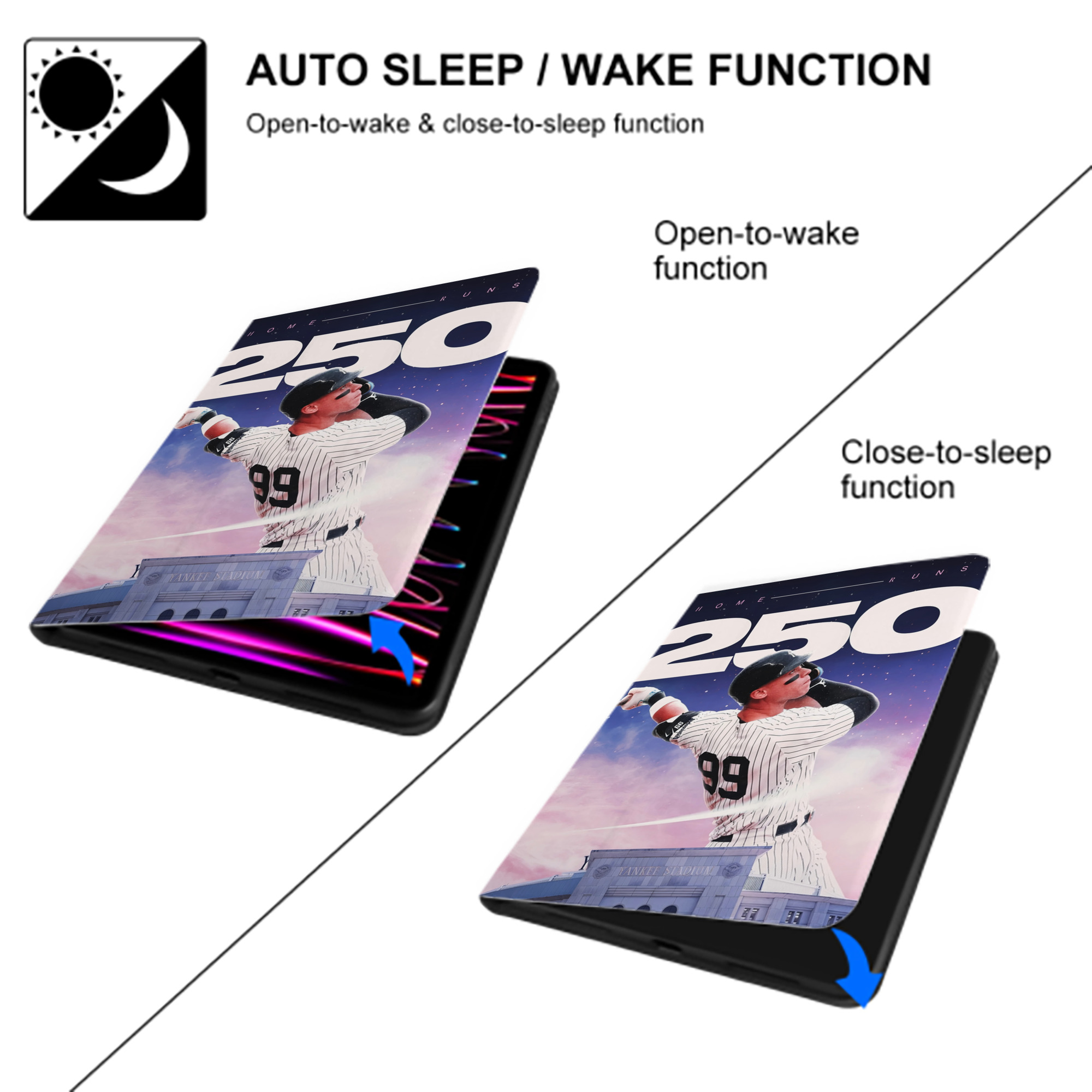 Aaron Judge 250 Home Runs Premium Tri-Fold PU Leather & Silicone IPad Case With Pencil Slot – Fits 9.5,10.5,10.9 – Adjustable Stand, Slim, Protective