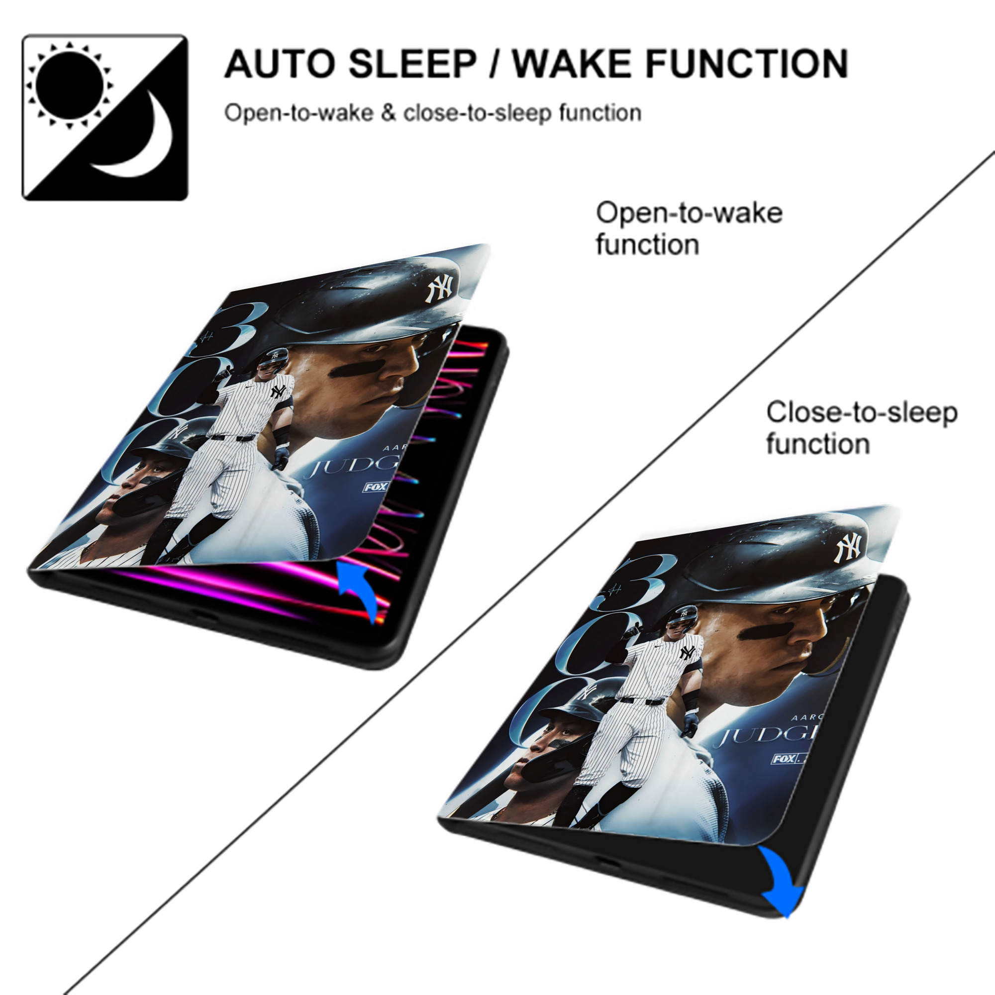 Aaron Judge 300 Home Runs 1 Premium Tri-Fold PU Leather & Silicone IPad Case With Pencil Slot – Fits 9.5,10.5,10.9 – Adjustable Stand, Slim, Protective