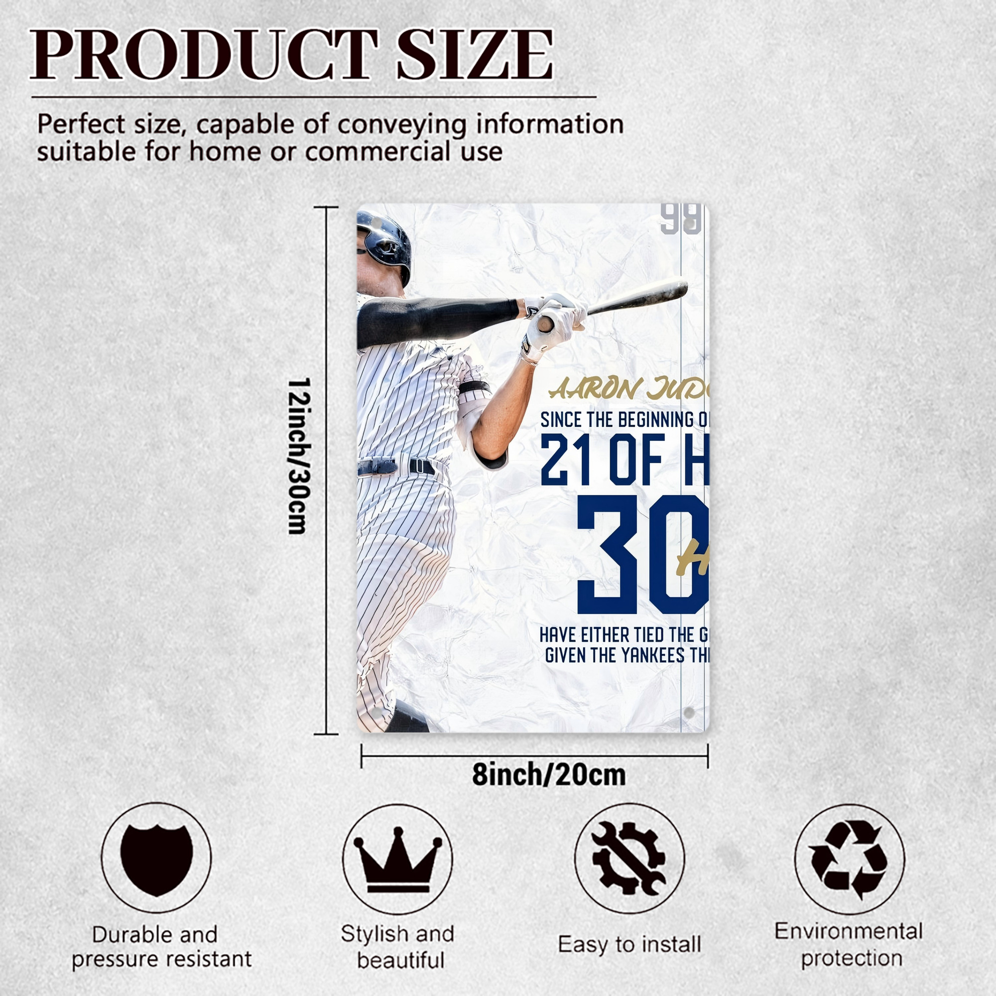 Aaron Judge 30 Home Runs 8x12inch Vertical Aluminum Sign - Durable Fade-Resistant Indoor/Outdoor Safety & Information Plaque For Office, Hotel, Restaurant, Bar, Public Spaces