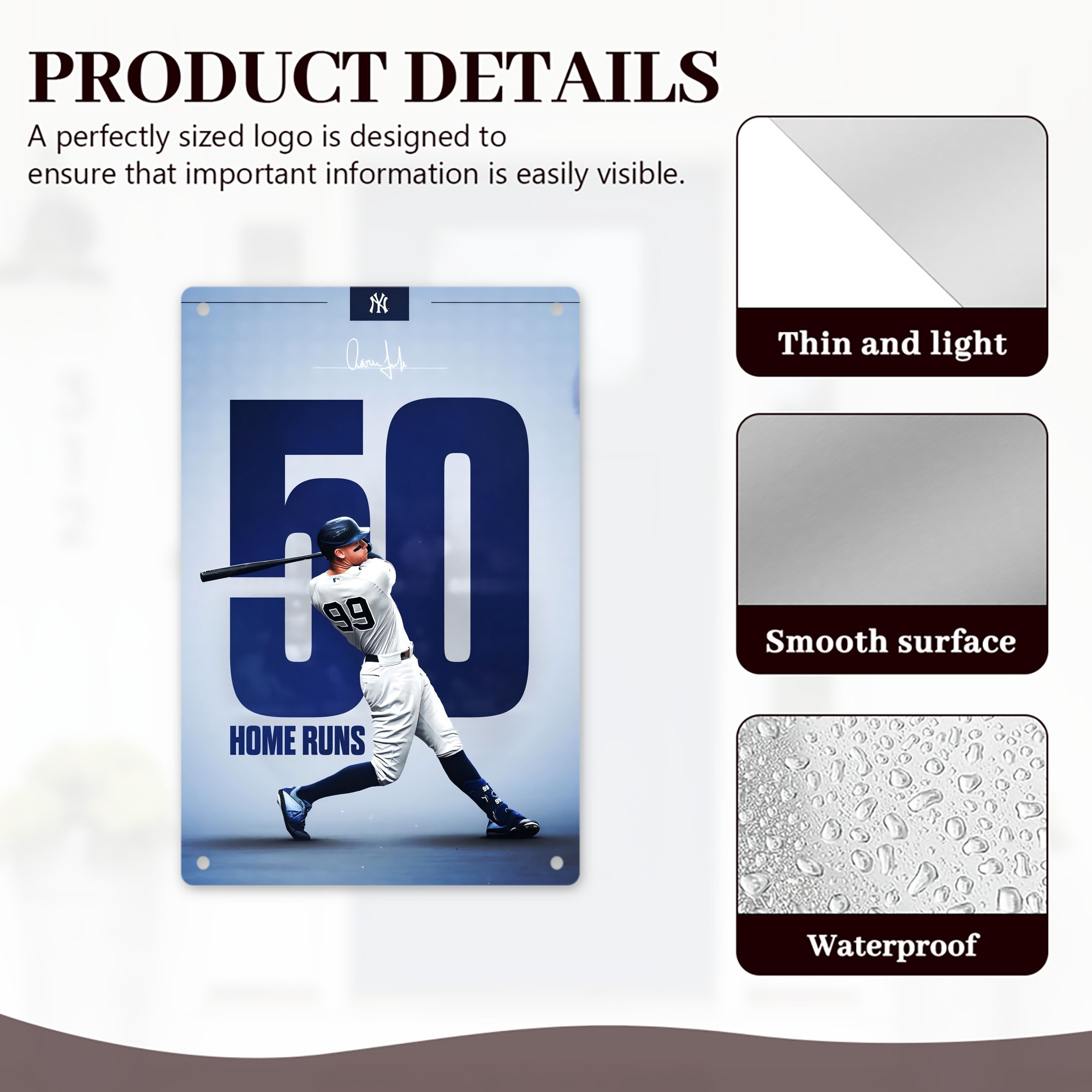 Aaron Judge 50 Home Runs 4 8x12inch Vertical Aluminum Sign - Durable Fade-Resistant Indoor/Outdoor Safety & Information Plaque For Office, Hotel, Restaurant, Bar, Public Spaces