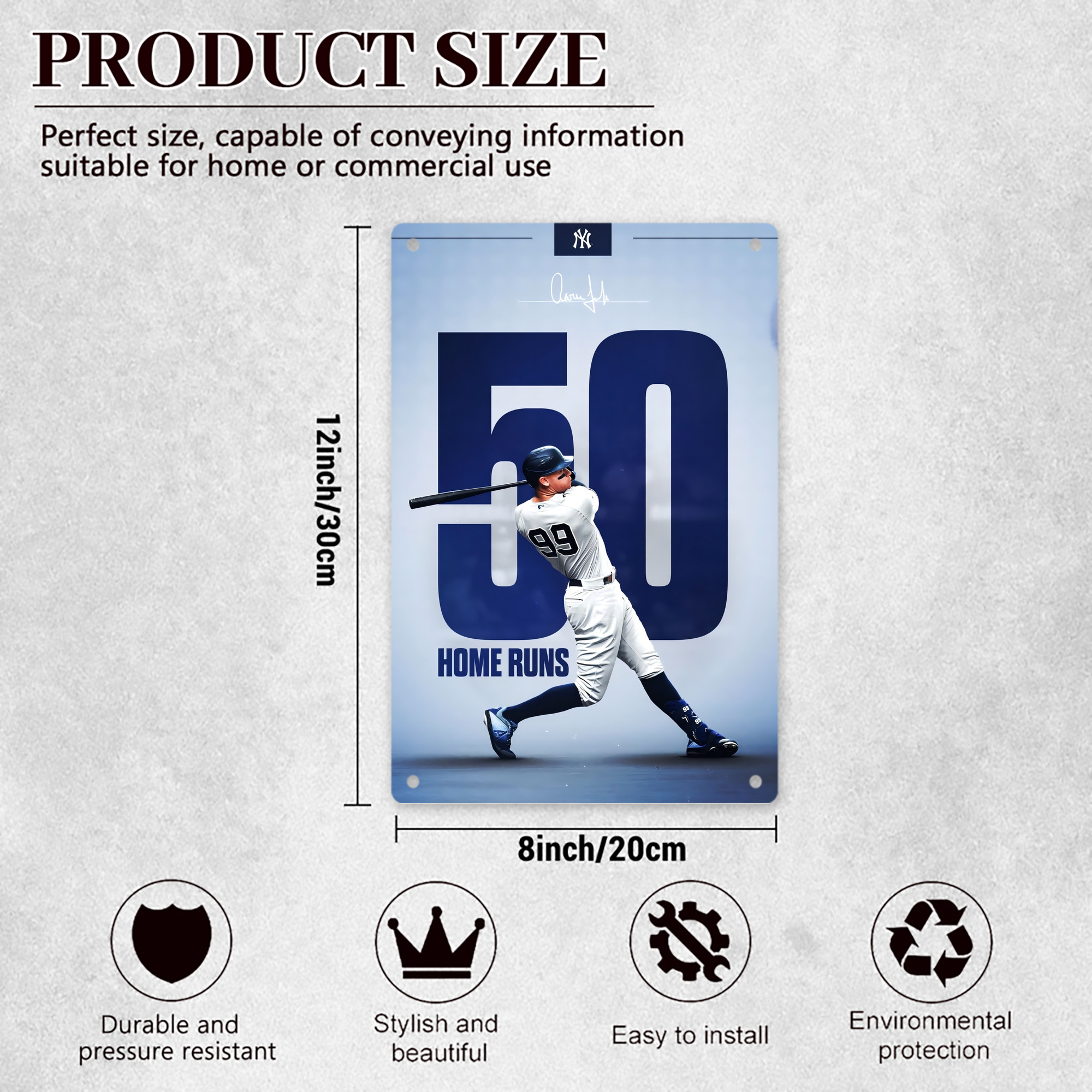Aaron Judge 50 Home Runs 4 8x12inch Vertical Aluminum Sign - Durable Fade-Resistant Indoor/Outdoor Safety & Information Plaque For Office, Hotel, Restaurant, Bar, Public Spaces