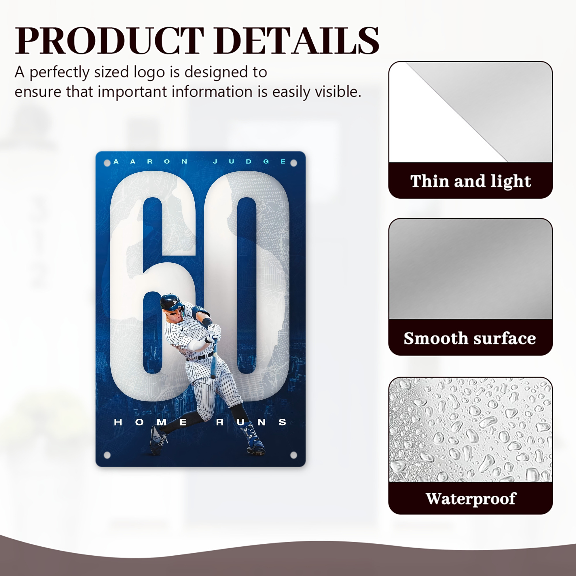 Aaron Judge 60 Home Runs 2 8x12inch Vertical Aluminum Sign - Durable Fade-Resistant Indoor/Outdoor Safety & Information Plaque For Office, Hotel, Restaurant, Bar, Public Spaces