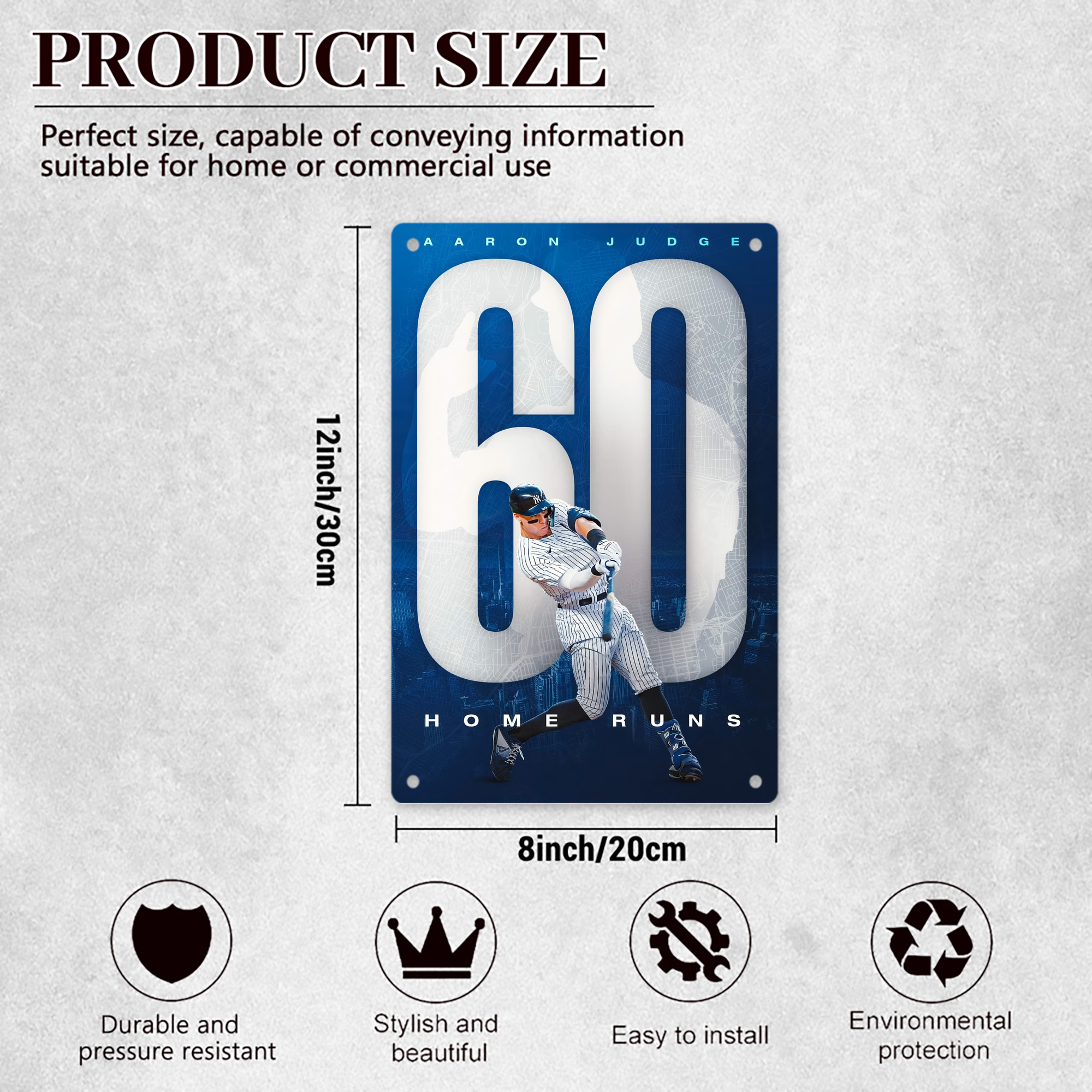 Aaron Judge 60 Home Runs 2 8x12inch Vertical Aluminum Sign - Durable Fade-Resistant Indoor/Outdoor Safety & Information Plaque For Office, Hotel, Restaurant, Bar, Public Spaces