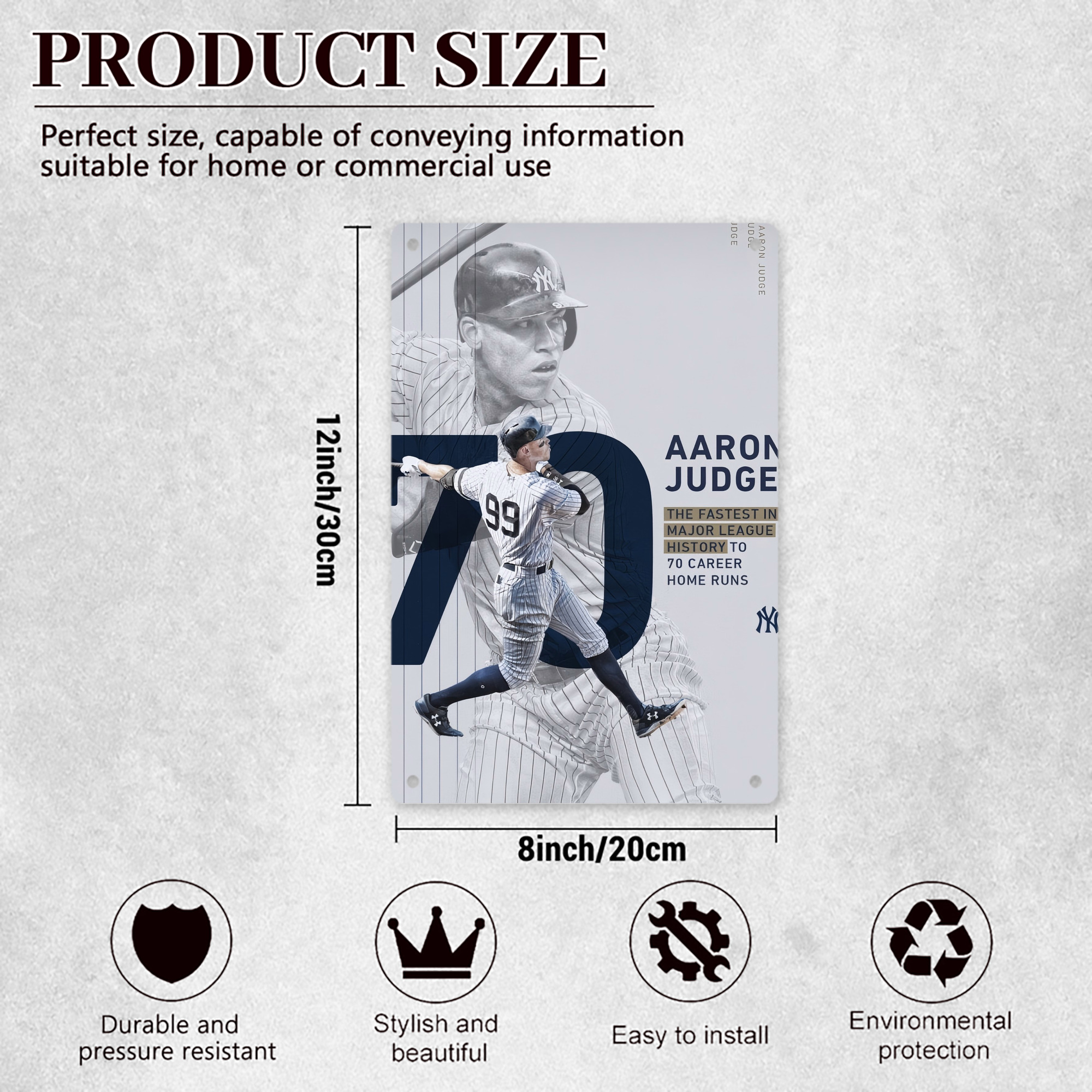 Aaron Judge 70 Home Runs 8x12inch Vertical Aluminum Sign - Durable Fade-Resistant Indoor/Outdoor Safety & Information Plaque For Office, Hotel, Restaurant, Bar, Public Spaces