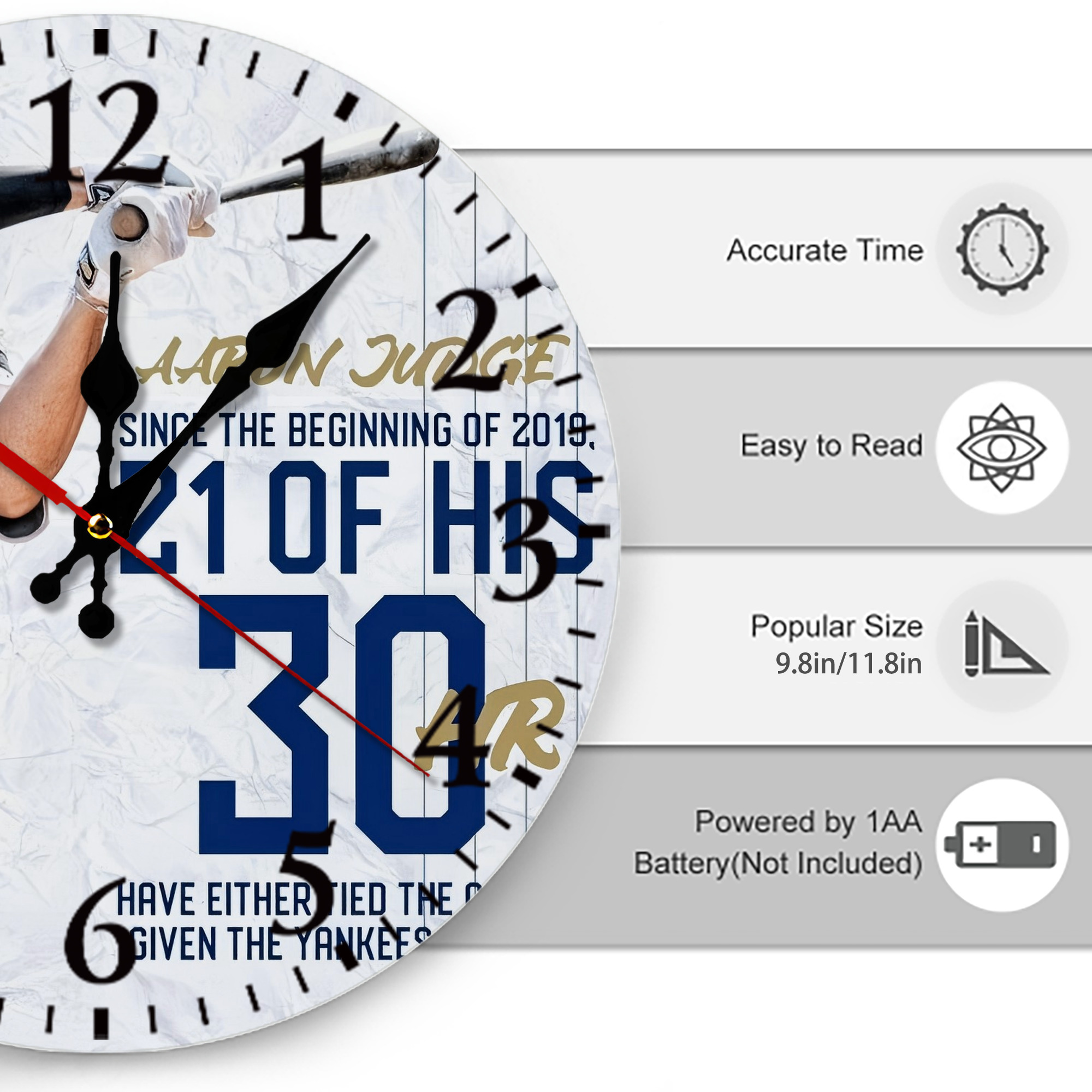 Aaron Judge 30 Home Runs Silent Round Wall Clock – Modern & Stylish DIY Design, Durable Wood Construction, Easy To Install – Perfect For Office, Bedroom, Living Room, And More