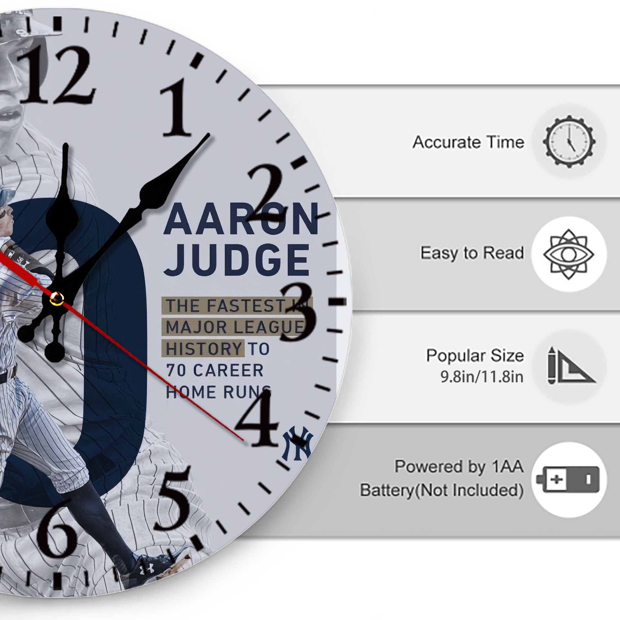 Aaron Judge 70 Home Runs Silent Round Wall Clock – Modern & Stylish DIY Design, Durable Wood Construction, Easy To Install – Perfect For Office, Bedroom, Living Room, And More